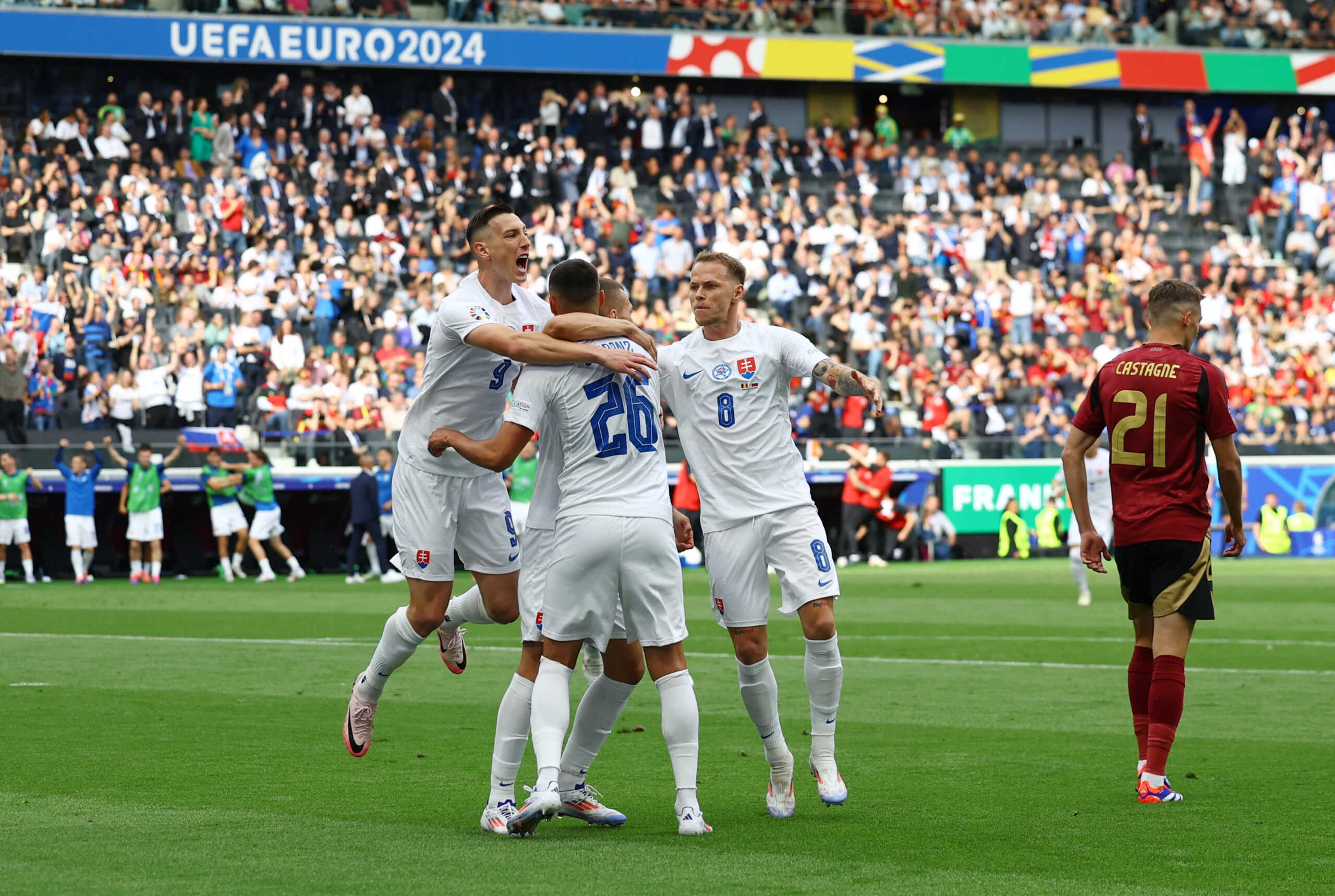 Soccer Football - Euro 2024 - Group E - Belgium v Slovakia - Frankfurt Arena, Frankfurt, Germany - June 17, 2024 Slovakia's Ivan Schranz celebrates scoring their first goal with teammates REUTERS