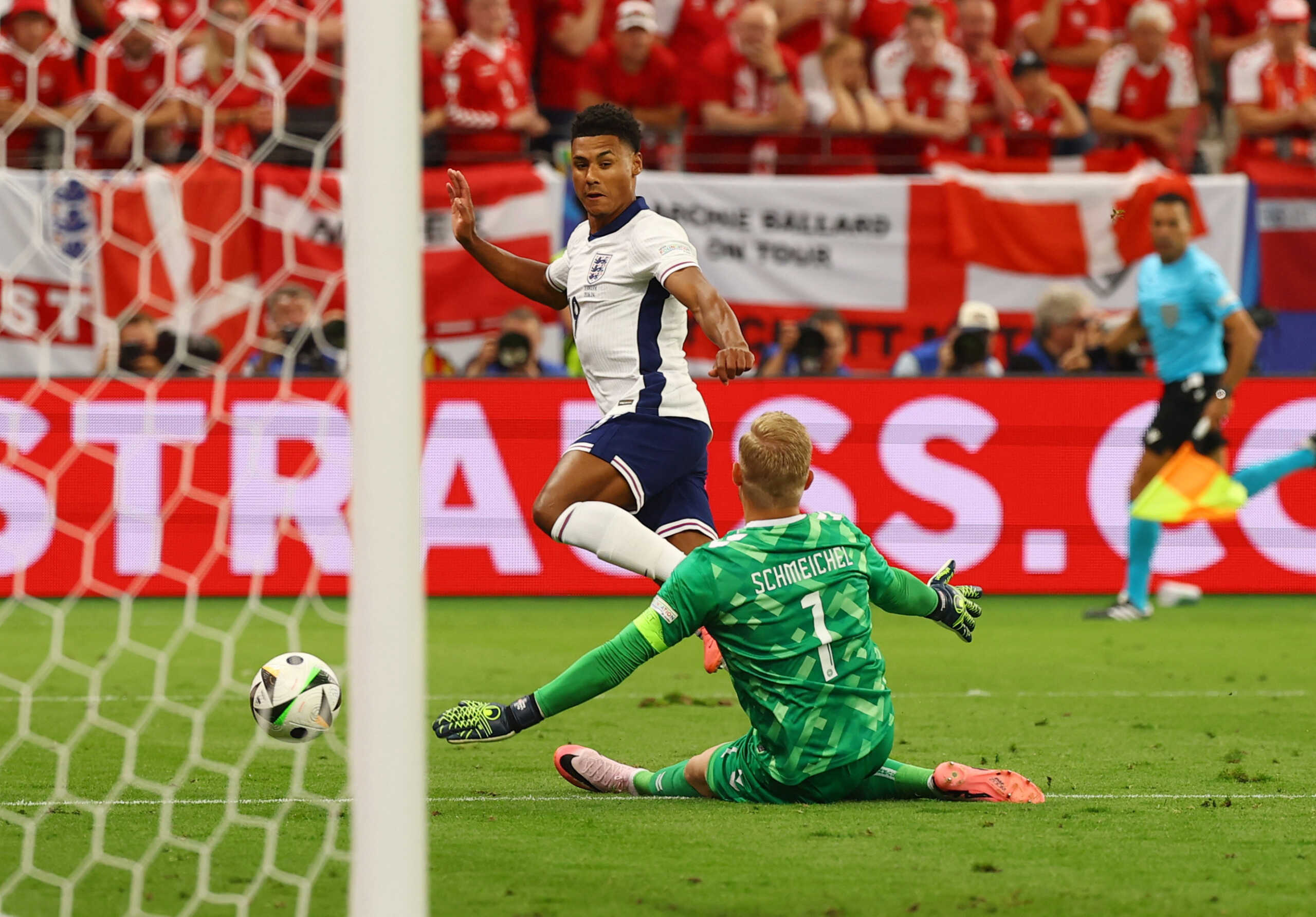 Soccer Football - Euro 2024 - Group C - Denmark v England - Frankfurt Arena, Frankfurt, Germany - June 20, 2024 England's Ollie Watkins in action with Denmark's Kasper Schmeichel REUTERS