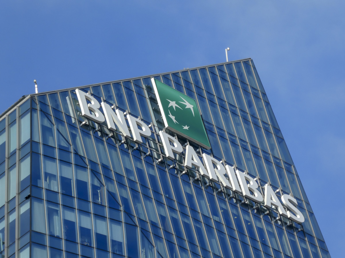 Milan, Italy - July 29, 2018: BNP Paribas bank signboard on the Diamond Tower (Italian Torre Diamante or colloquially Diamantone), a high-rise building in Milan business district