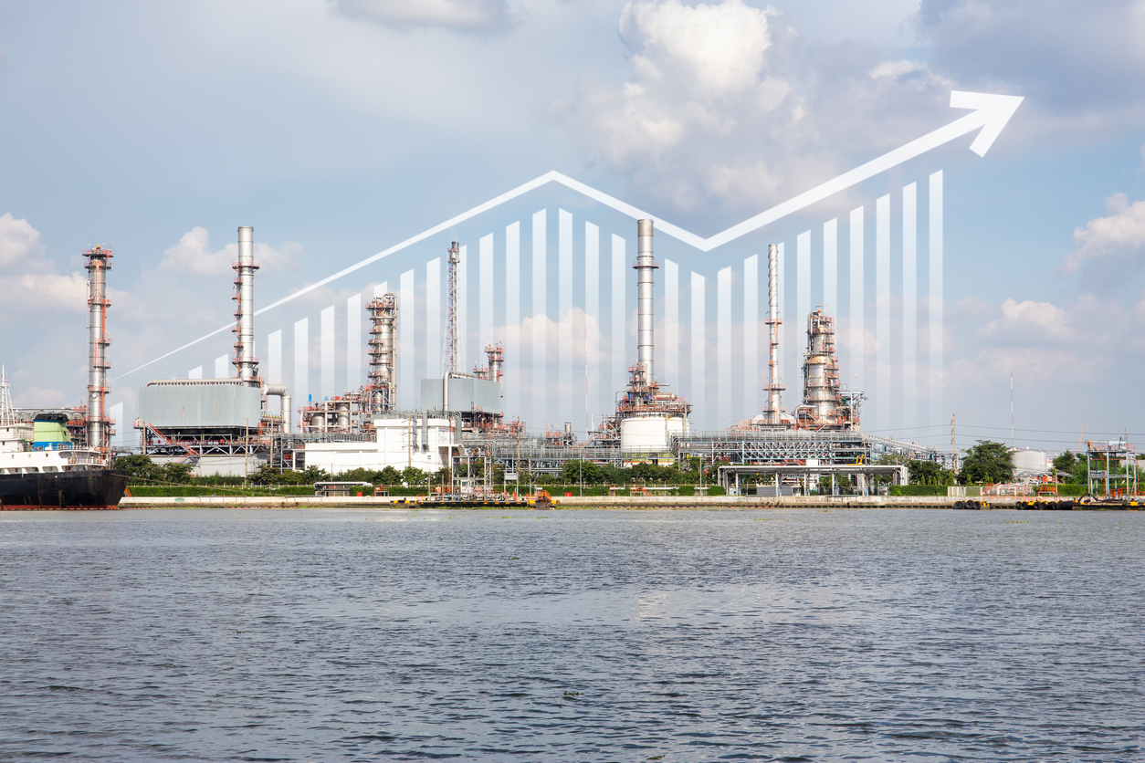 Oil gas refinery or petrochemical plant. Include arrow, graph or bar chart. Increase trend or growth of production, market price, demand, supply. Concept of business, industry, fuel, power energy.