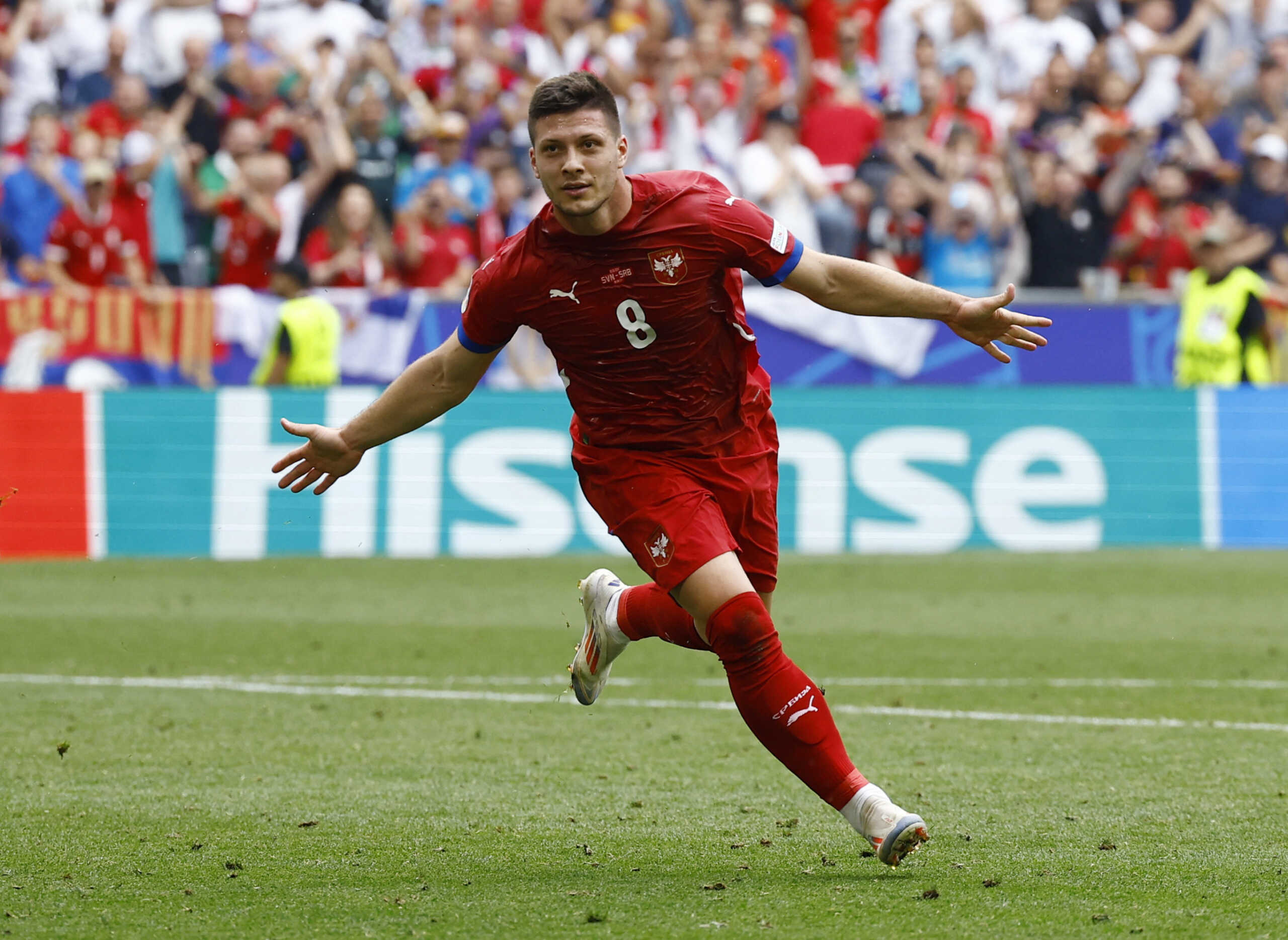 Soccer Football - Euro 2024 - Group C - Slovenia v Serbia - Munich Football Arena, Munich, Germany - June 20, 2024 Serbia's Luka Jovic celebrates scoring their first goal REUTERS