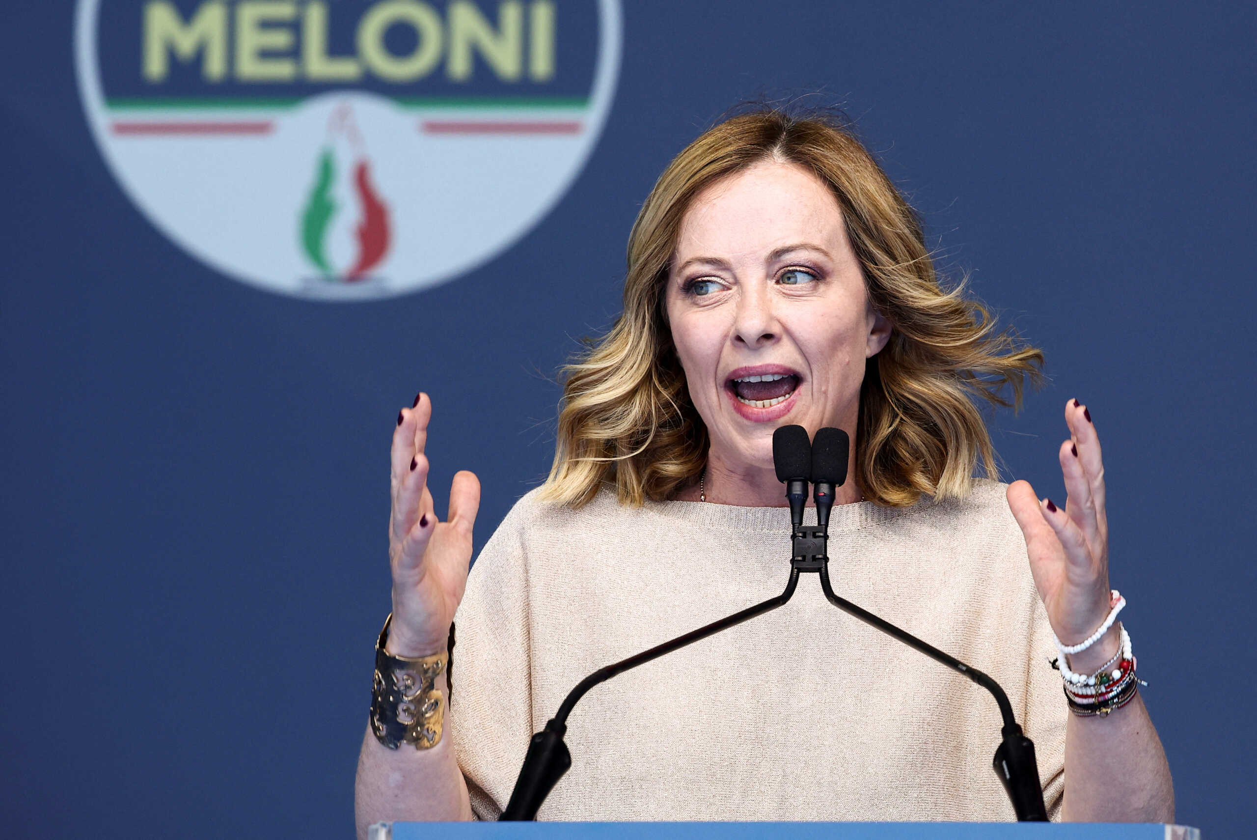 Italian Prime Minister and Fratelli D'Italia (Brothers of Italy) leader Giorgia Meloni speaks at the closing event of the electoral campaign for the European Parliament Elections, at Piazza del Popolo, in Rome, Italy, June 1, 2024. REUTERS