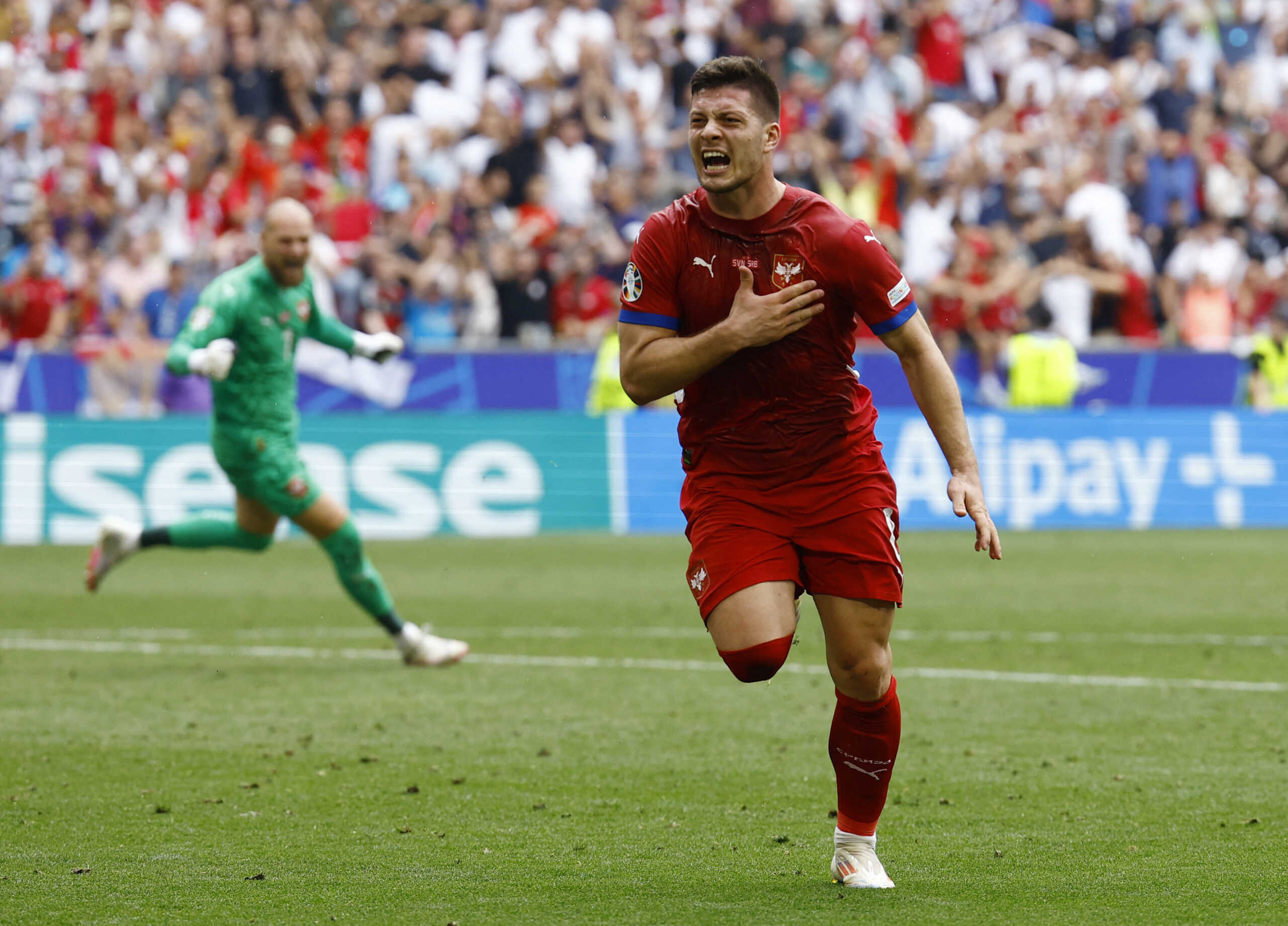 Soccer Football - Euro 2024 - Group C - Slovenia v Serbia - Munich Football Arena, Munich, Germany - June 20, 2024 Serbia's Luka Jovic celebrates scoring their first goal REUTERS