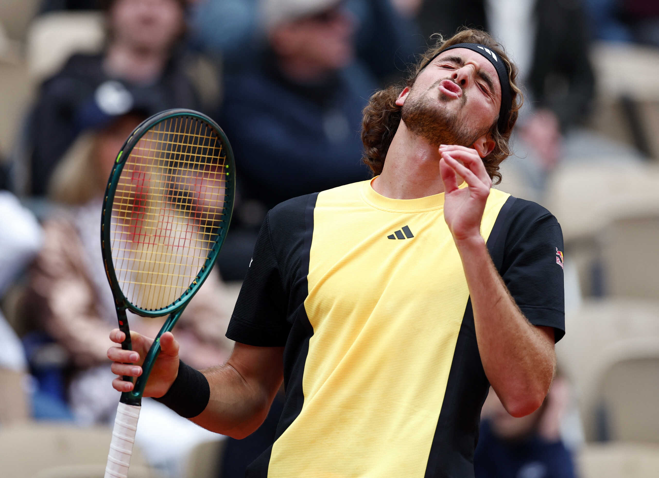 Tennis - French Open - Roland Garros, Paris, France - June 2, 2024 Greece's Stefanos Tsitsipas reacts during his fourth round match against Italy's Matteo Arnaldi REUTERS