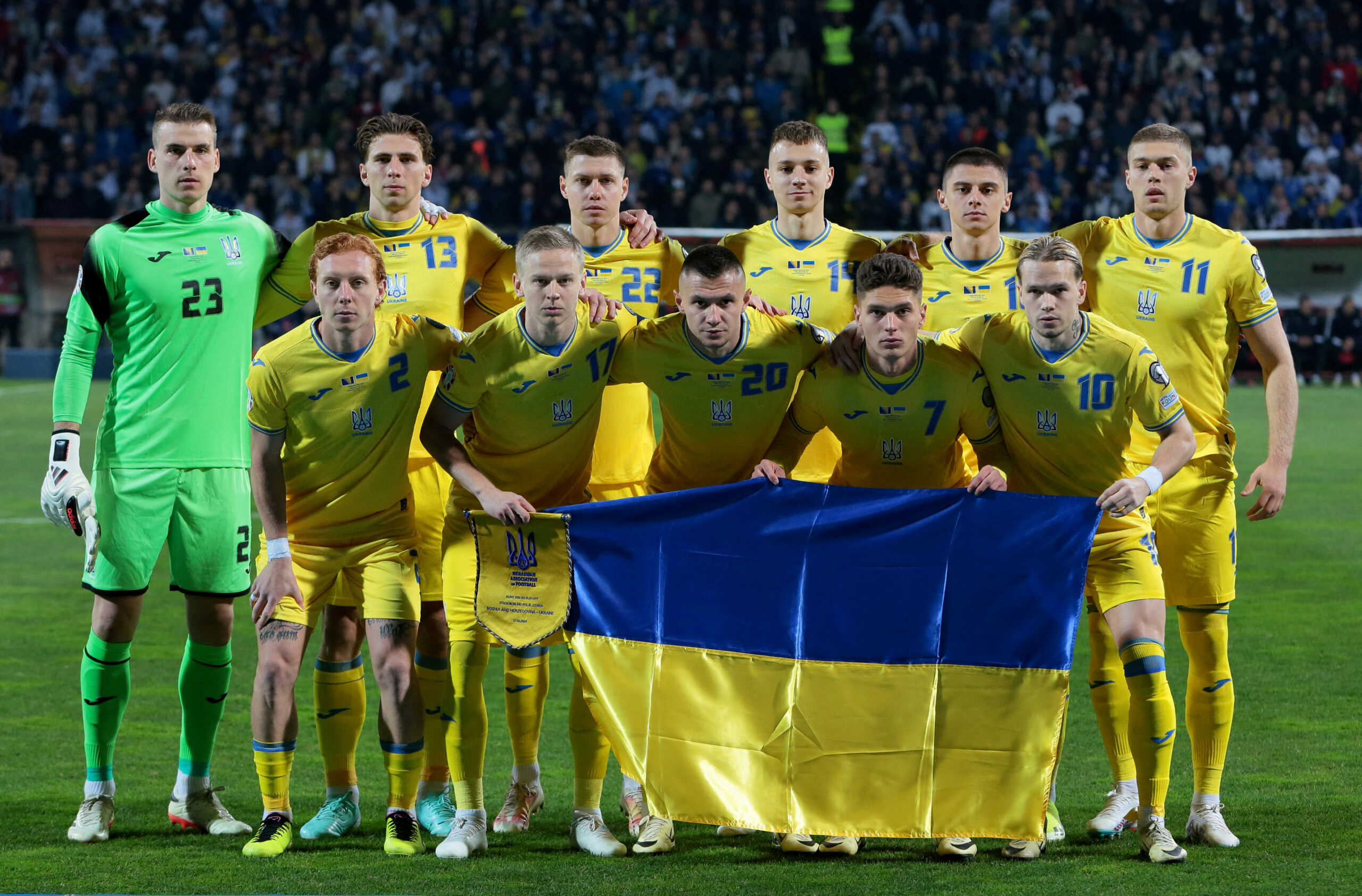 FILE PHOTO: Soccer Football - Euro 2024 Qualifier - Play-Off - Bosnia and Herzegovina v Ukraine - Bilino Polje, Zenica, Bosnia and Herzegovina - March 21, 2024 Ukraine players pose for a team group photo before the match REUTERS