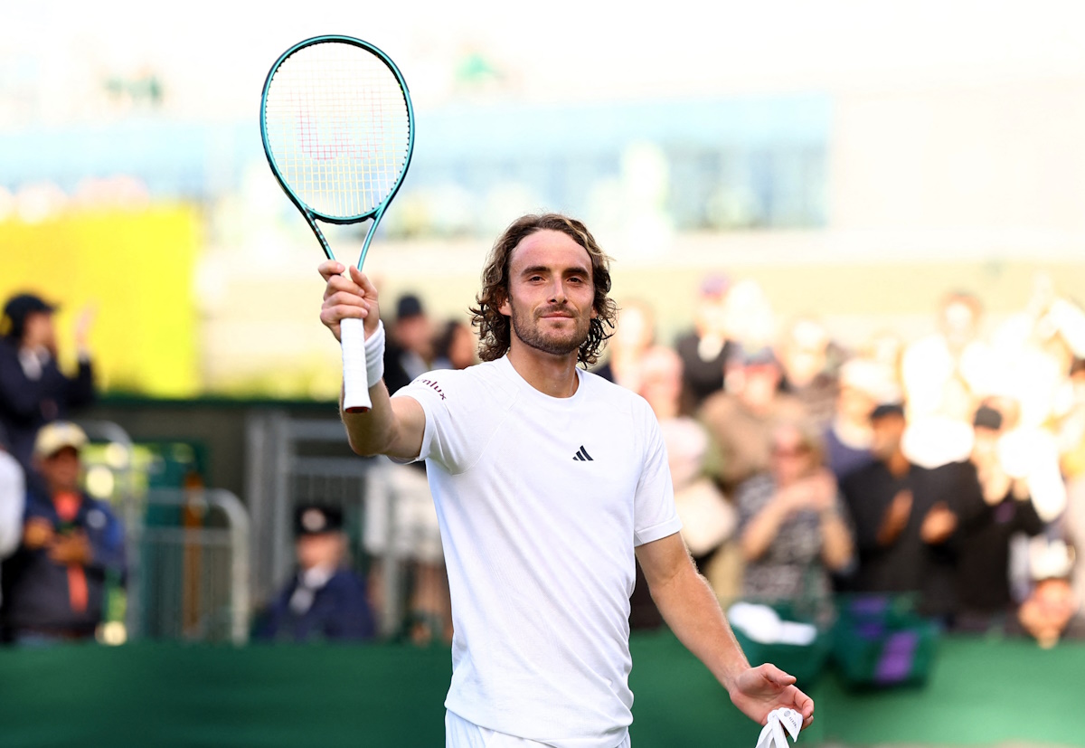 Tennis - Wimbledon - All England Lawn Tennis and Croquet Club, London, Britain - July 2, 2024 Greece's Stefanos Tsitsipas celebrates after winning his first round match against Japan's Taro Daniel REUTERS