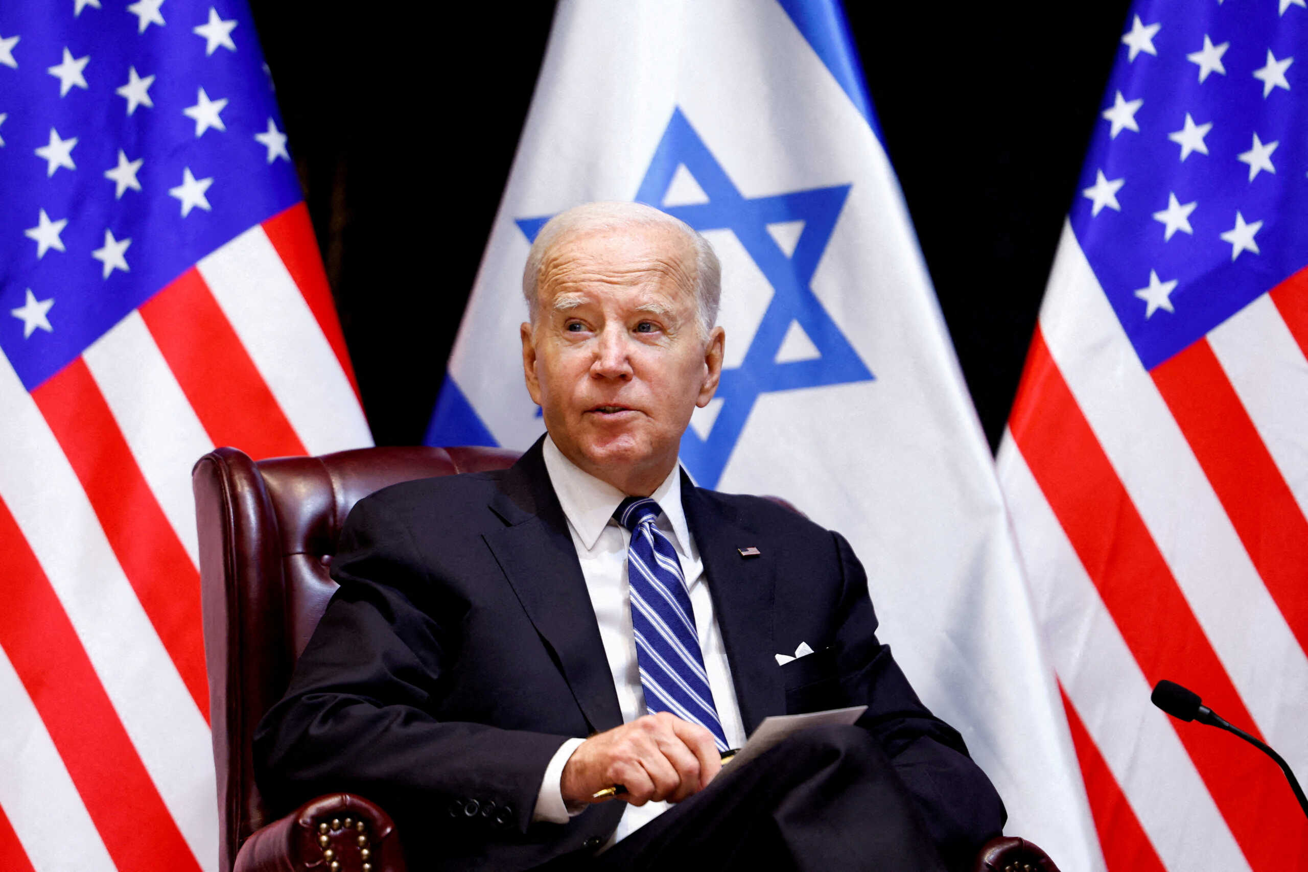 FILE PHOTO: US President Joe Biden meets with Israeli Prime Minister Benjamin Netanyahu (not pictured) and the Israeli war cabinet, as he visits Israel amid the ongoing conflict between Israel and Hamas, in Tel Aviv, Israel, October 18, 2023. REUTERS