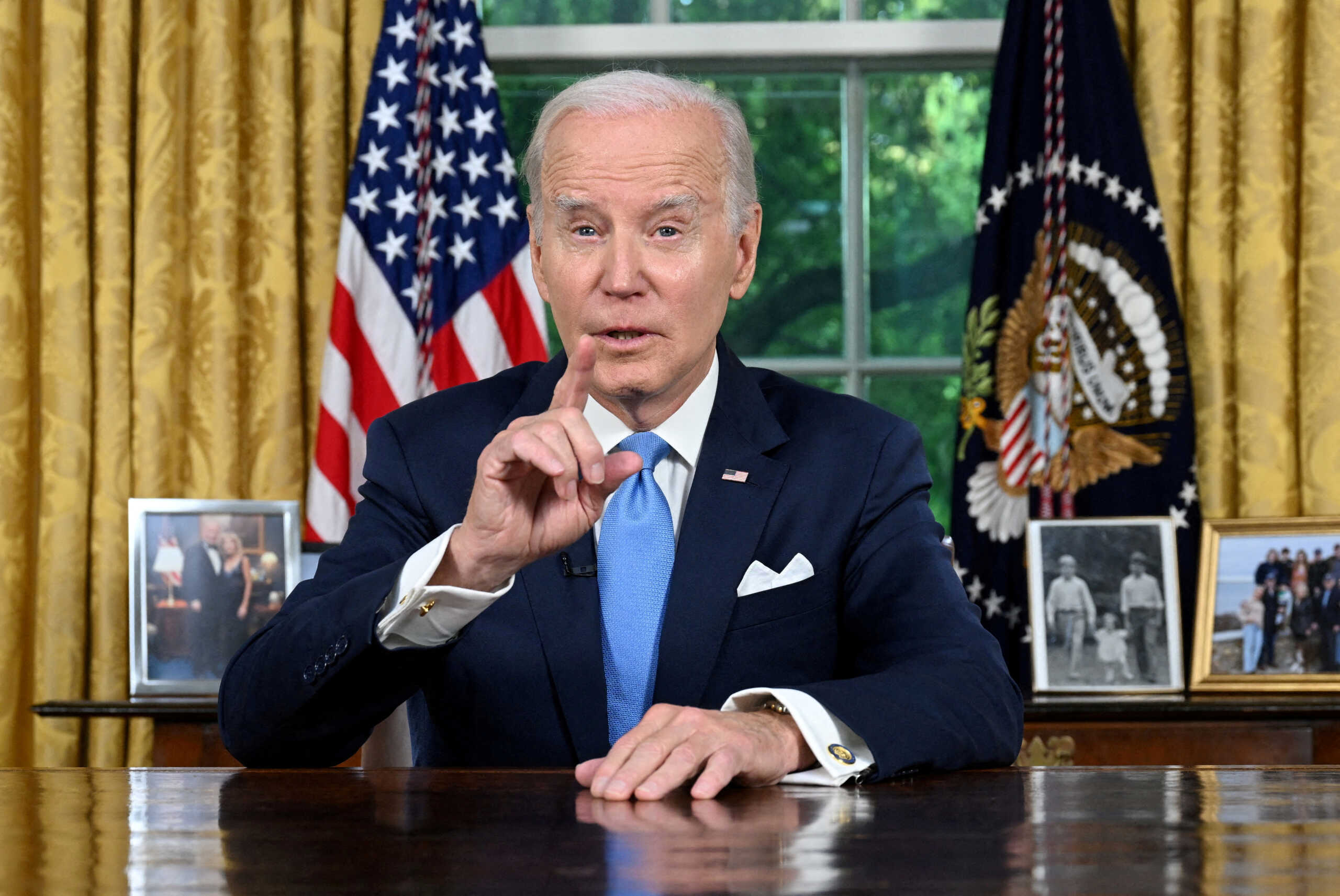 FILE PHOTO: US President Joe Biden addresses the nation on averting default and the Bipartisan Budget Agreement, in the Oval Office of the White House in Washington, DC, June 2, 2023.   JIM WATSON