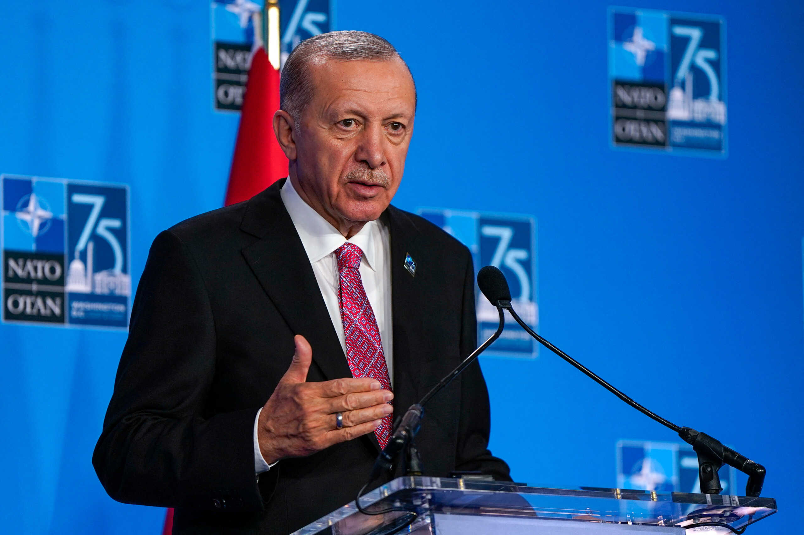 Turkey's President Tayyip Erdogan speaks during a press briefing during NATO’s 75th anniversary summit in Washington, U.S., July 11, 2024. REUTERS