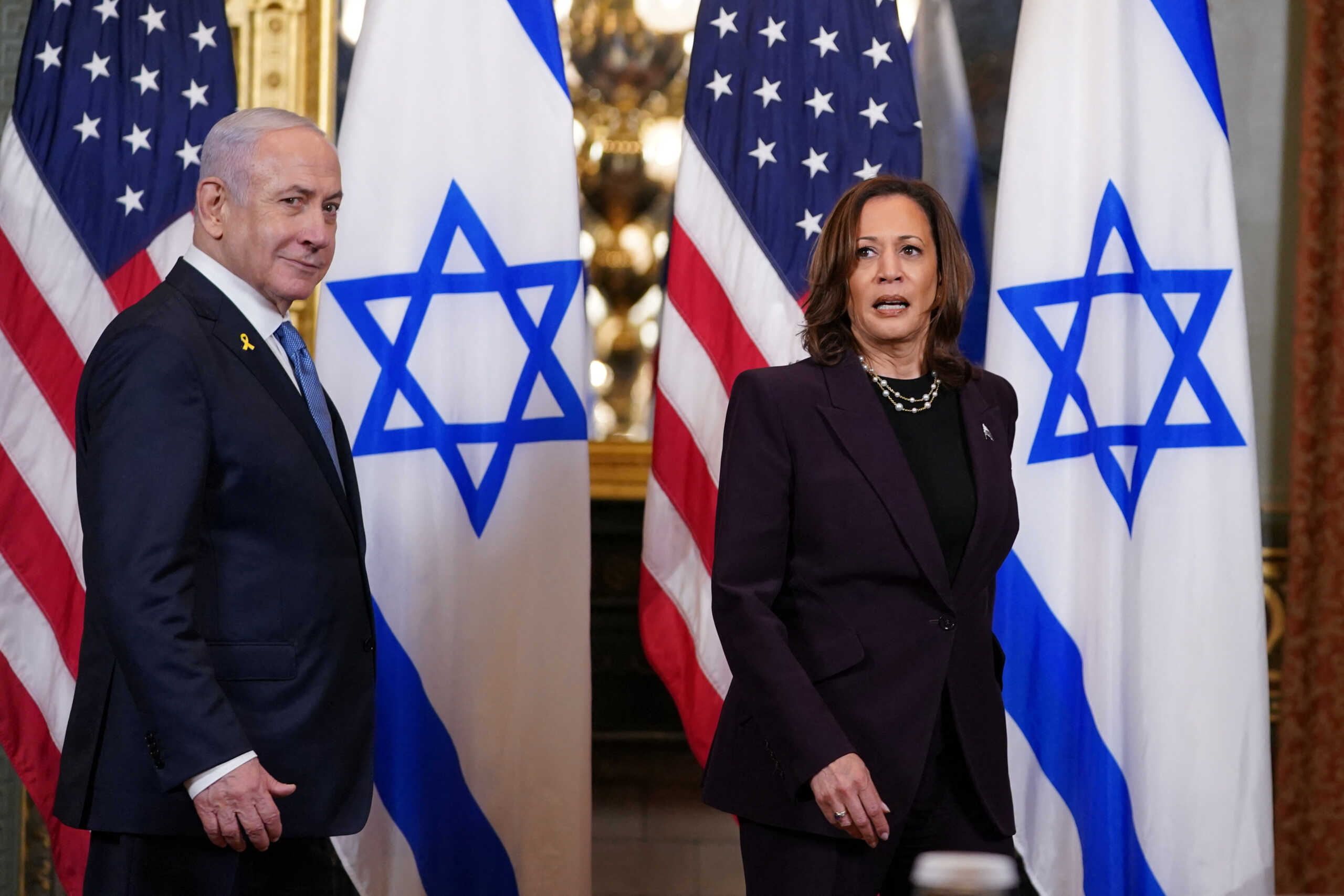 U.S. Vice President Kamala Harris meets with Israeli Prime Minister Benjamin Netanyahu at the Eisenhower Executive Office Building on the White House grounds, in Washington, D.C., U.S., July 25, 2024. REUTERS