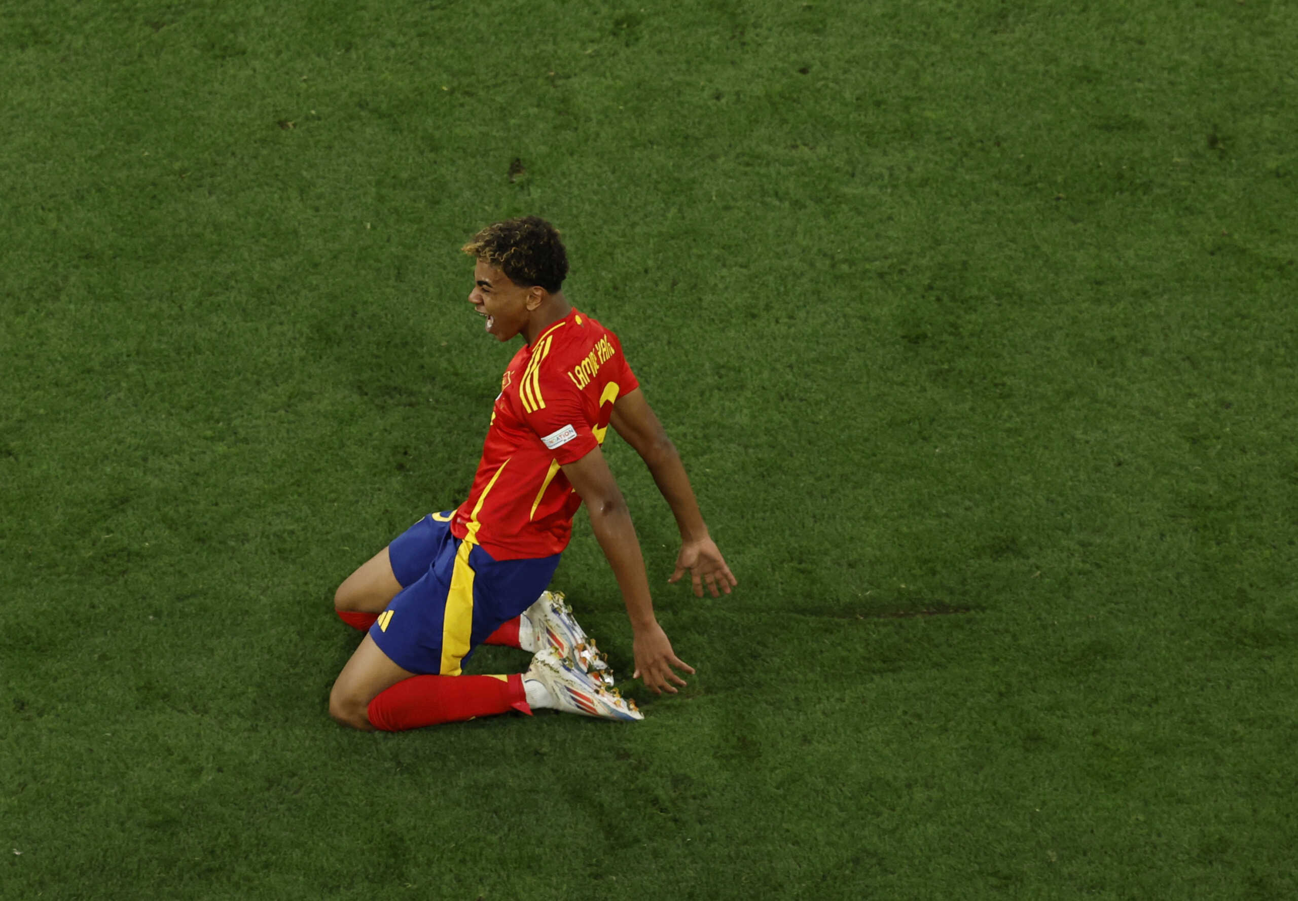 Soccer Football - Euro 2024 - Semi Final - Spain v France - Munich Football Arena, Munich, Germany - July 9, 2024 Spain's Lamine Yamal celebrates scoring their first goal REUTERS