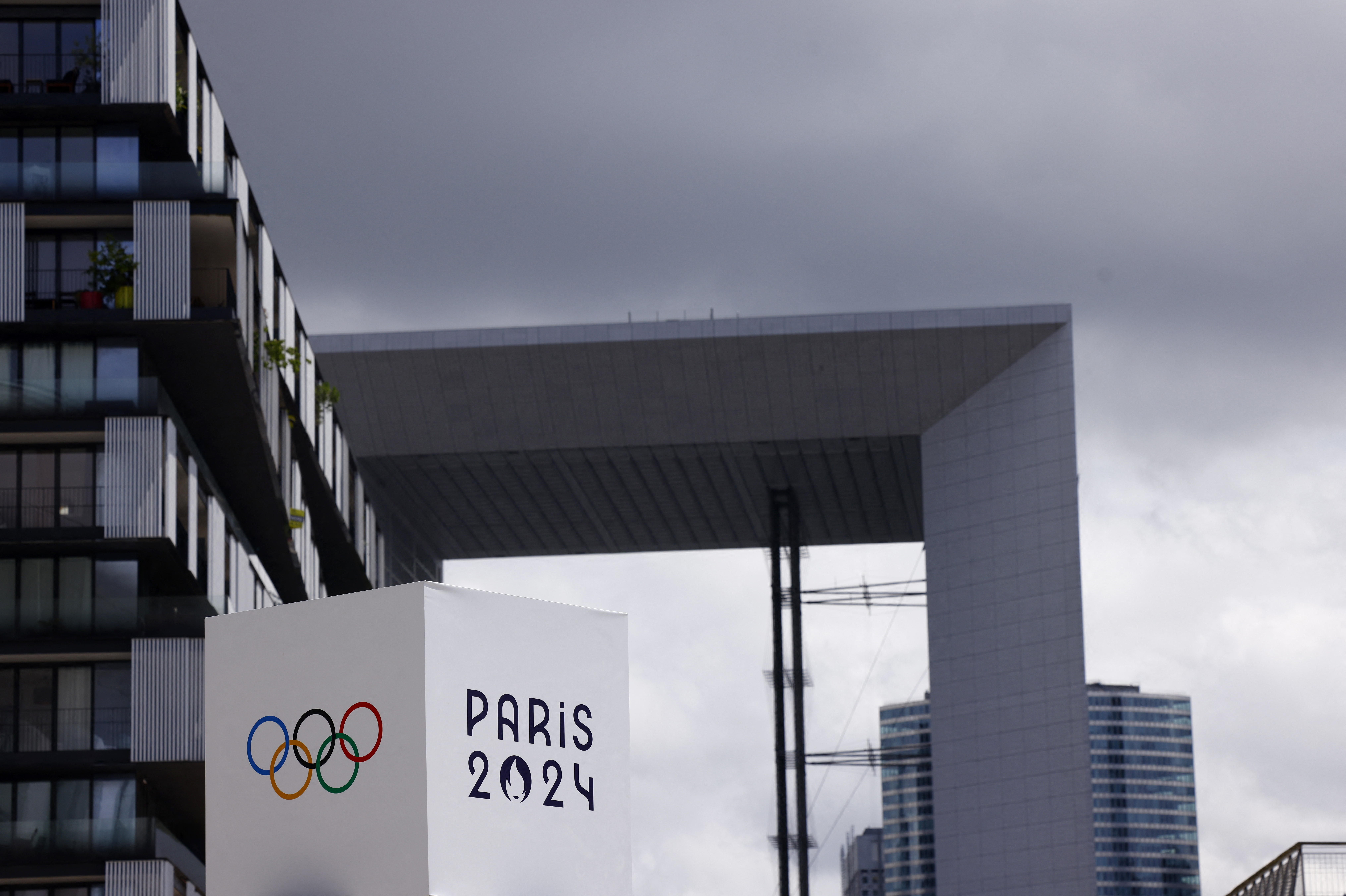 Paris 2024 Olympics - Preview - La Defense, Paris, France - July 23, 2024 Olympics Rings are pictured in La Defense ahead of the Paris 2024 Olympics. REUTERS