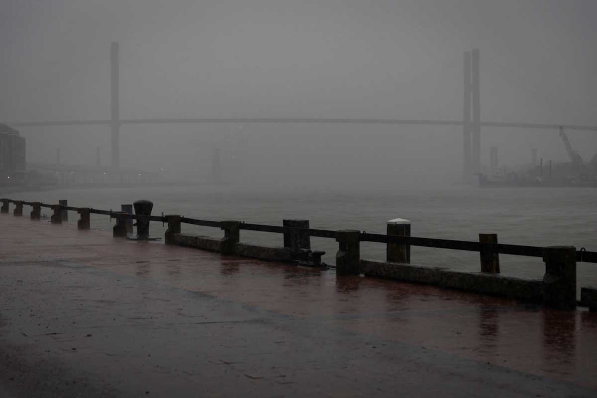 A view of Talmadge Memorial Bridge from River Street as Tropical Storm Debby moves towards Georgia, in Savannah, Georgia, U.S., on August 5, 2024. REUTERS