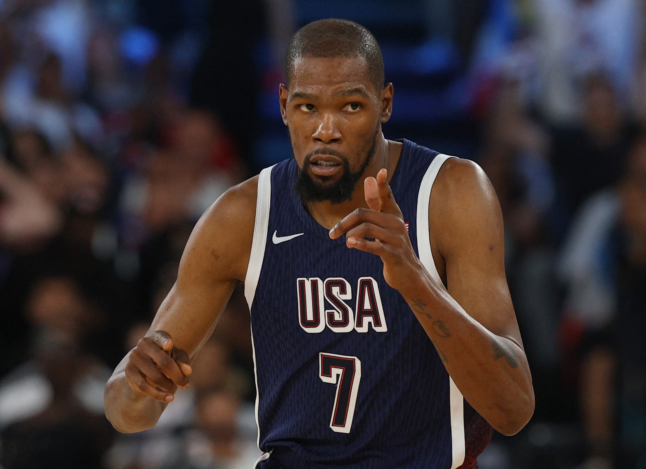 Paris 2024 Olympics - Basketball - Men's Gold Medal Game - France vs United States - Bercy Arena, Paris, France - August 10, 2024. Kevin Durant of United States reacts during the gold medal game. REUTERS