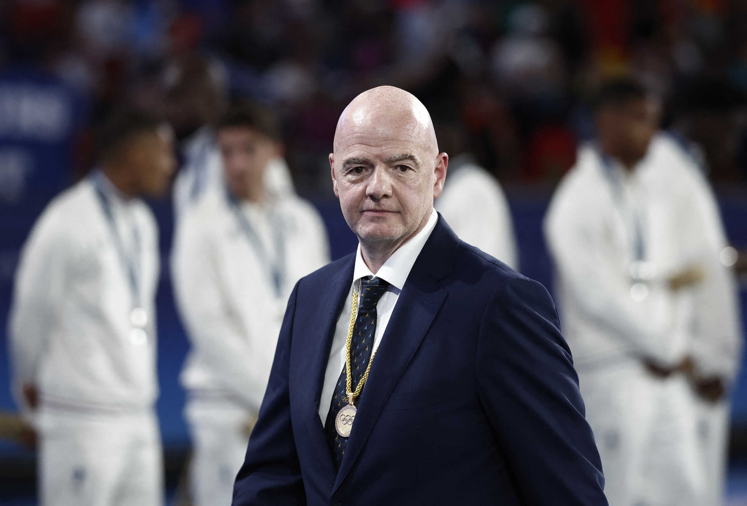 Paris 2024 Olympics - Football - Men's Victory Ceremony - Parc des Princes, Paris, France - August 09, 2024. FIFA President Gianni Infantino during the victory ceremony. REUTERS