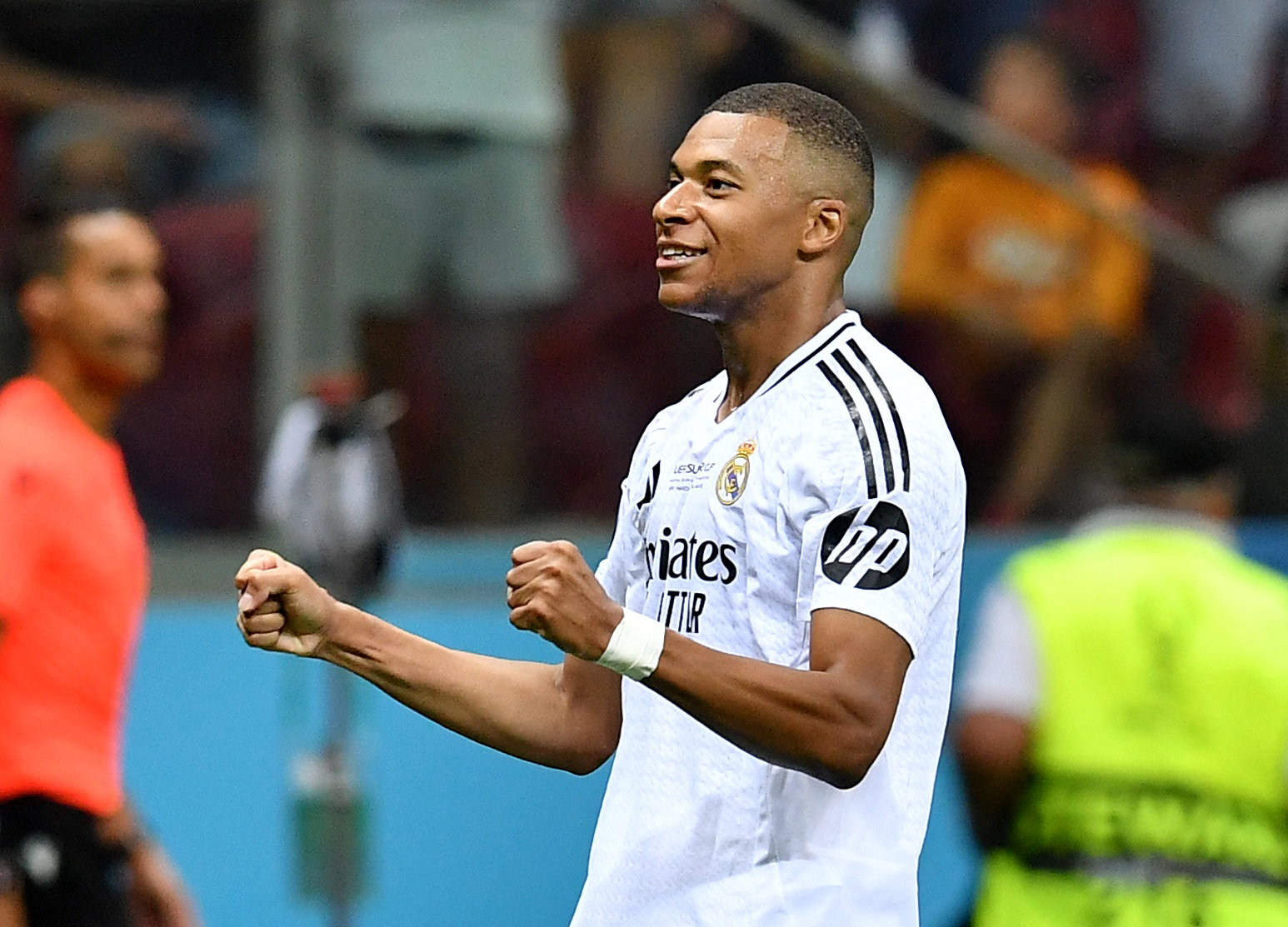 Soccer Football - Super Cup - Real Madrid v Atalanta - National Stadium, Warsaw, Poland - August 14, 2024 Real Madrid's Kylian Mbappe celebrates scoring their second goal REUTERS