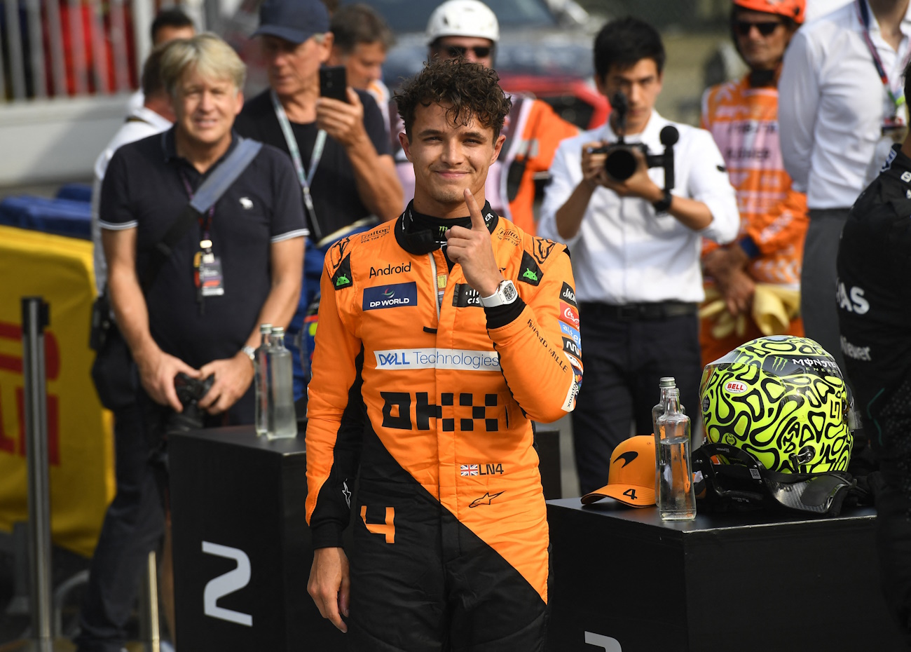 Formula One F1 - Italian Grand Prix - Autodromo Nazionale Monza, Monza, Italy - August 31, 2024 McLaren's Lando Norris celebrates after qualifying in pole position Massimo Pinca