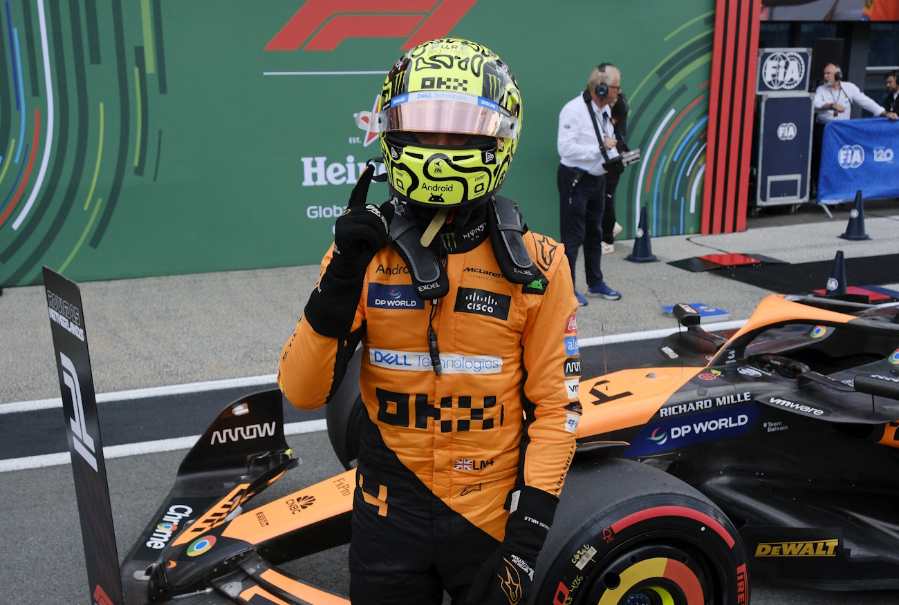 Formula One F1 - Dutch Grand Prix - Circuit Zandvoort, Zandvoort, Netherlands - August 24, 2024 McLaren's Lando Norris celebrates after qualifying in pole position Pool via REUTERS