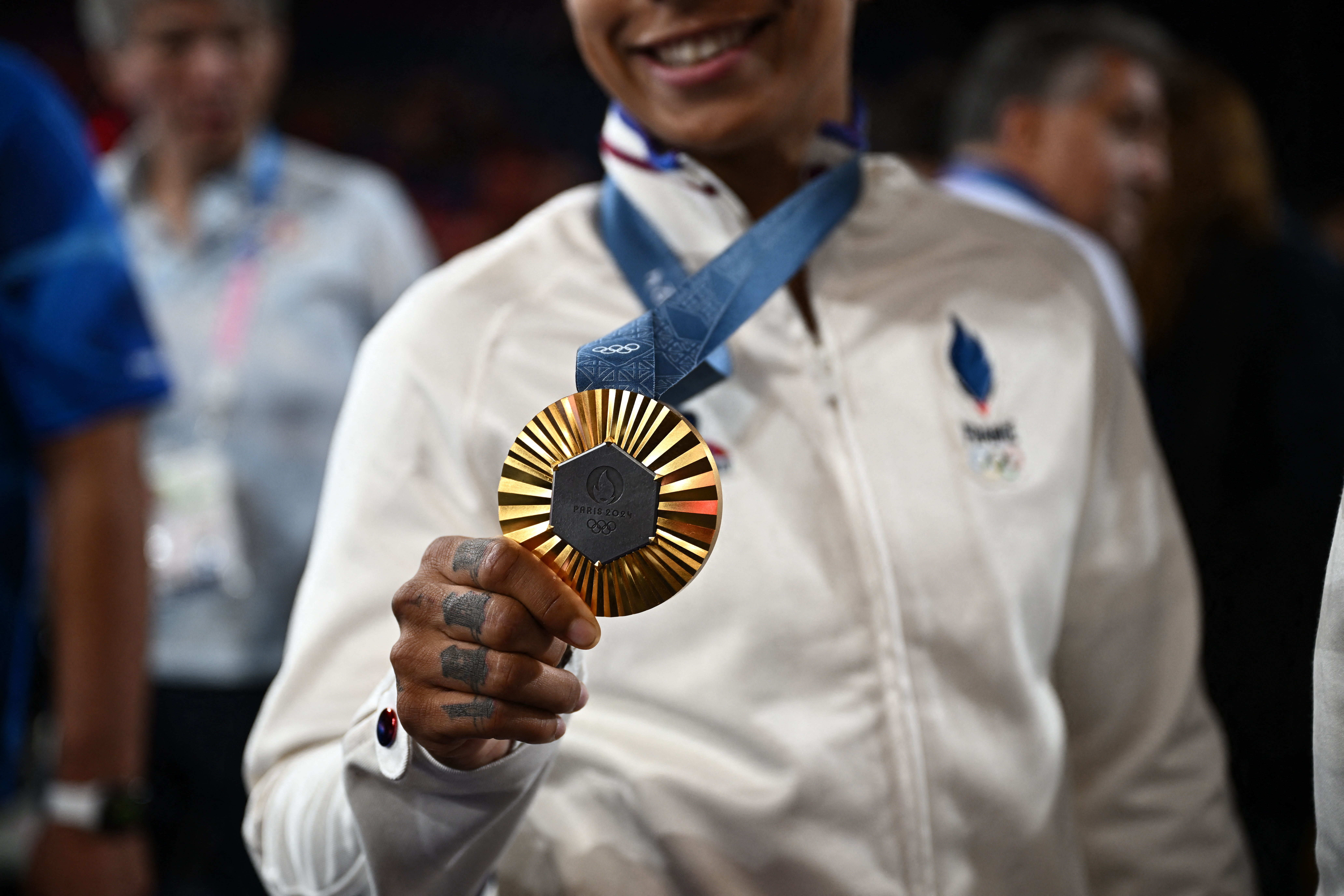 Paris 2024 Olympics - Judo - Mixed Team Victory Ceremony - Champ-de-Mars Arena, Paris, France - August 03, 2024. The gold medal is pictured. REUTERS