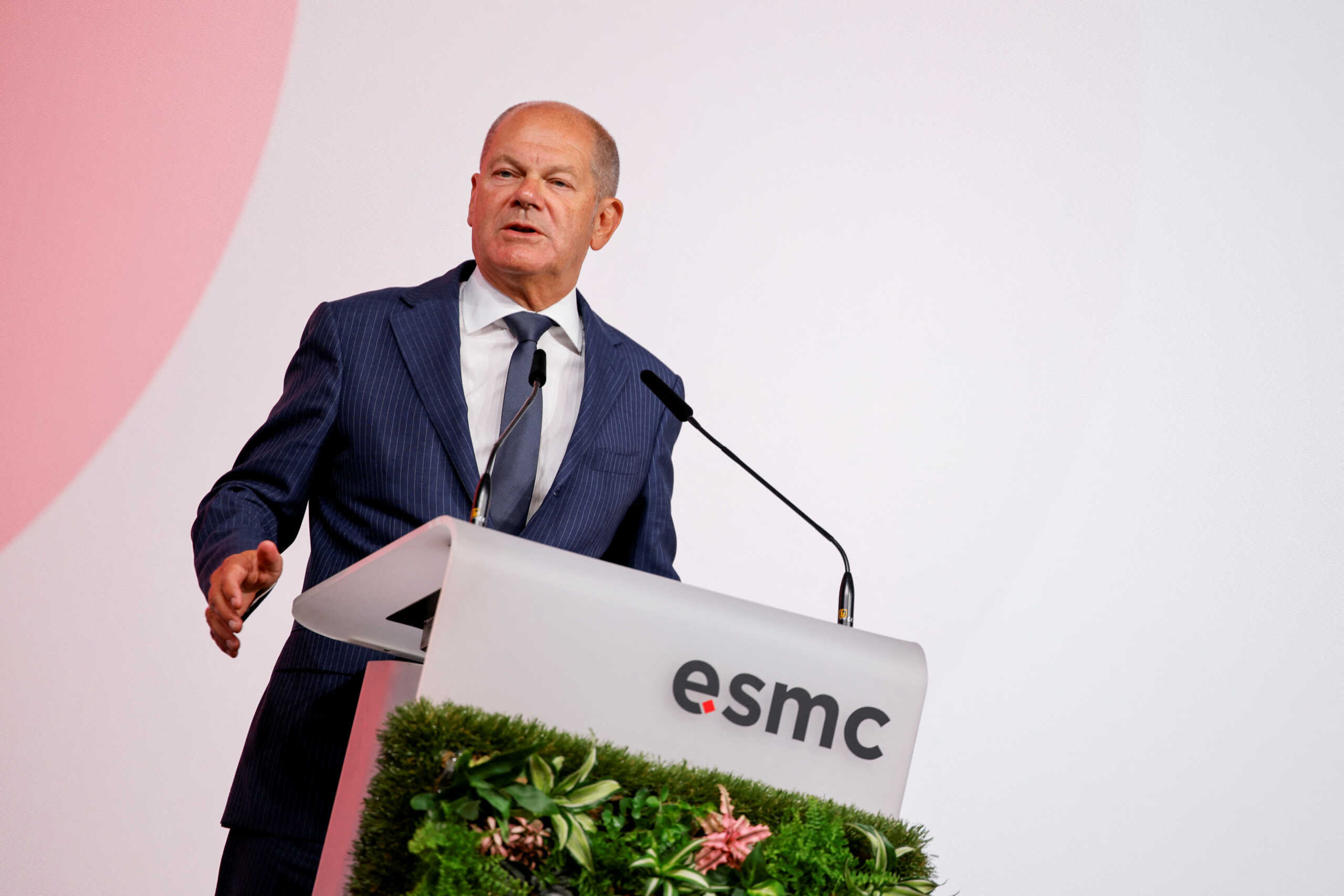 German Chancellor Olaf Scholz speaks during the ceremony for Taiwanese chip maker TSMC's first European plant in the eastern city of Dresden, Germany, August 20, 2024. REUTERS