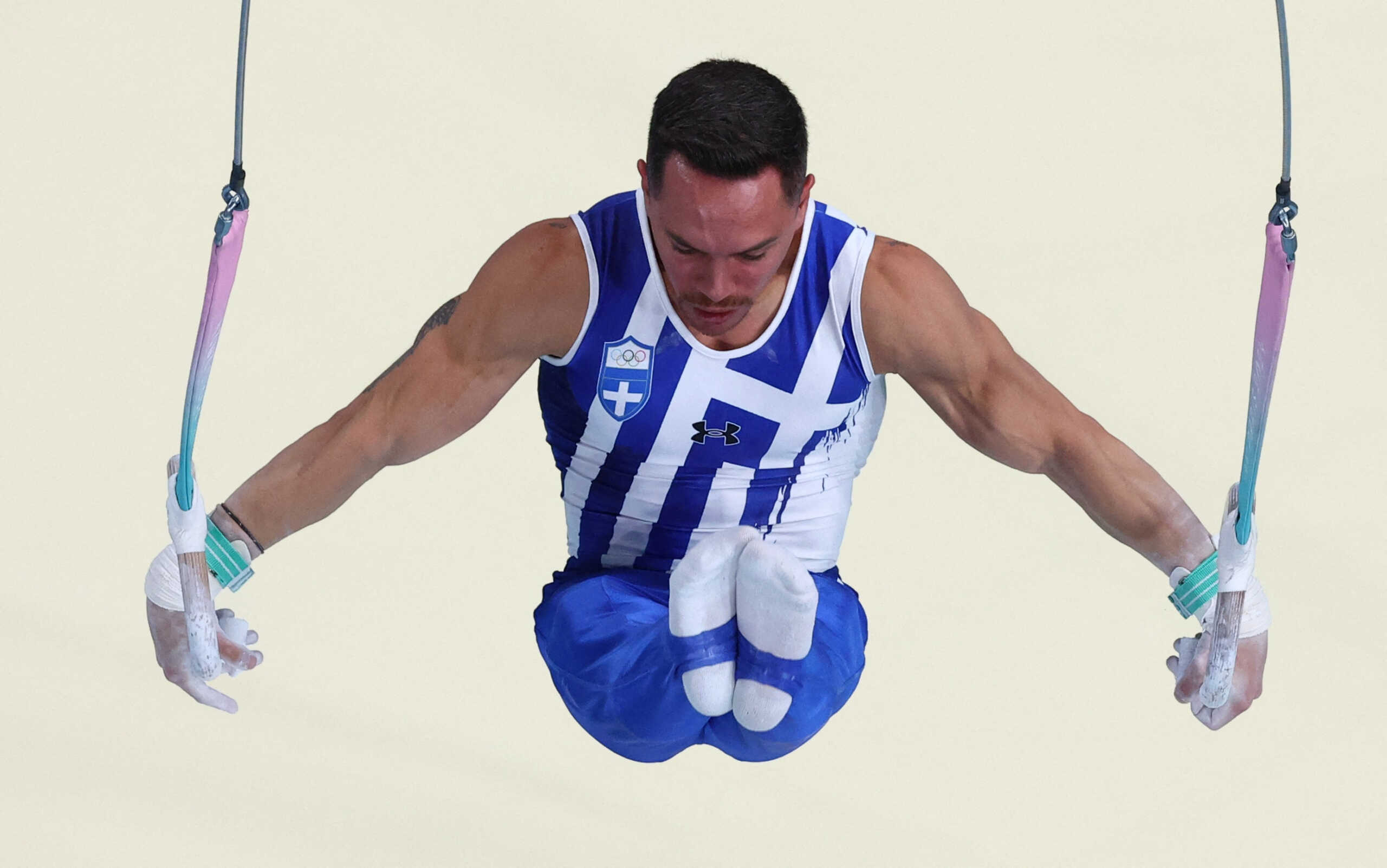 Paris 2024 Olympics - Artistic Gymnastics - Men's Rings Final - Bercy Arena, Paris, France - August 04, 2024. Eleftherios Petrounias of Greece in action on the Rings. REUTERS