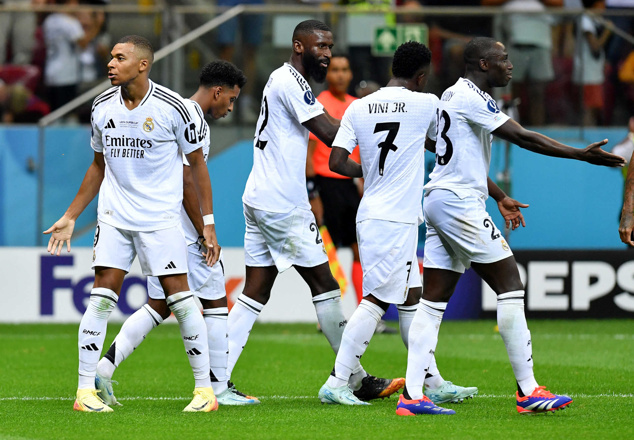 Soccer Football - Super Cup - Real Madrid v Atalanta - National Stadium, Warsaw, Poland - August 14, 2024 Real Madrid's Kylian Mbappe celebrates scoring their second goal REUTERS