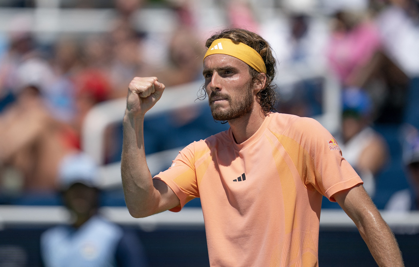 Aug 14, 2024; Cincinnati, OH, USA; Stefanos Tsitsipas of Greece reacts during a match against Jan-Lennard Struff of Germany on day three of the Cincinnati Open. Mandatory Credit: Susan Mullane-USA TODAY Sports