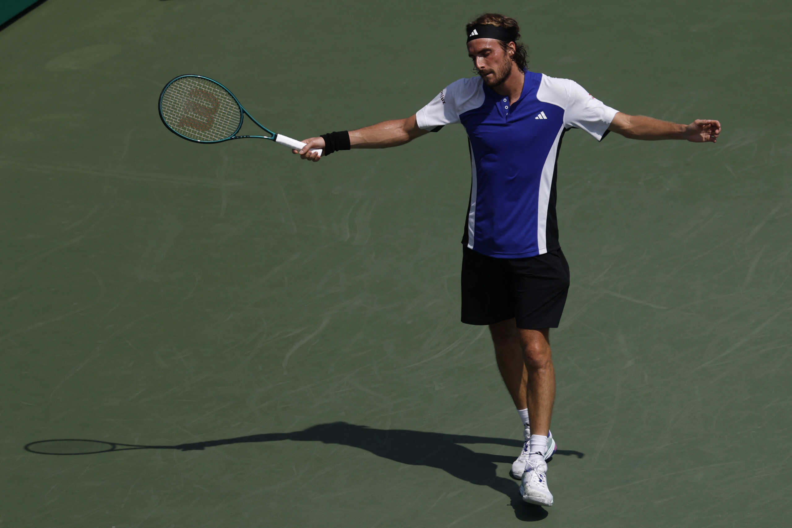 Aug 27, 2024; Flushing, NY, USA; Stefanos Tsitsipas (GRE) reacts after missing a shot against Thanasi Kokkinakis (AUS)(not pictured) in a men's singles match on day two of the 2024 U.S. Open tennis tournament at USTA Billie Jean King National Tennis Center. Mandatory Credit: Geoff Burke-USA TODAY Sports