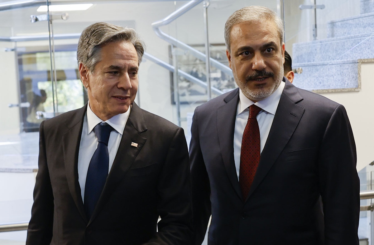 U.S. Secretary of State Antony Blinken, left, meets with Turkish Foreign Minister Hakan Fidan at the Ministry of Foreign Affairs in Ankara, Turkey, Monday Nov. 6, 2023. Blinken was wrapping up a grueling Middle East diplomatic tour on Monday in Turkey after only limited success in his furious efforts to forge a regional consensus on how best to ease civilian suffering in Gaza as Israel intensifies its war against Hamas. (Jonathan Ernst