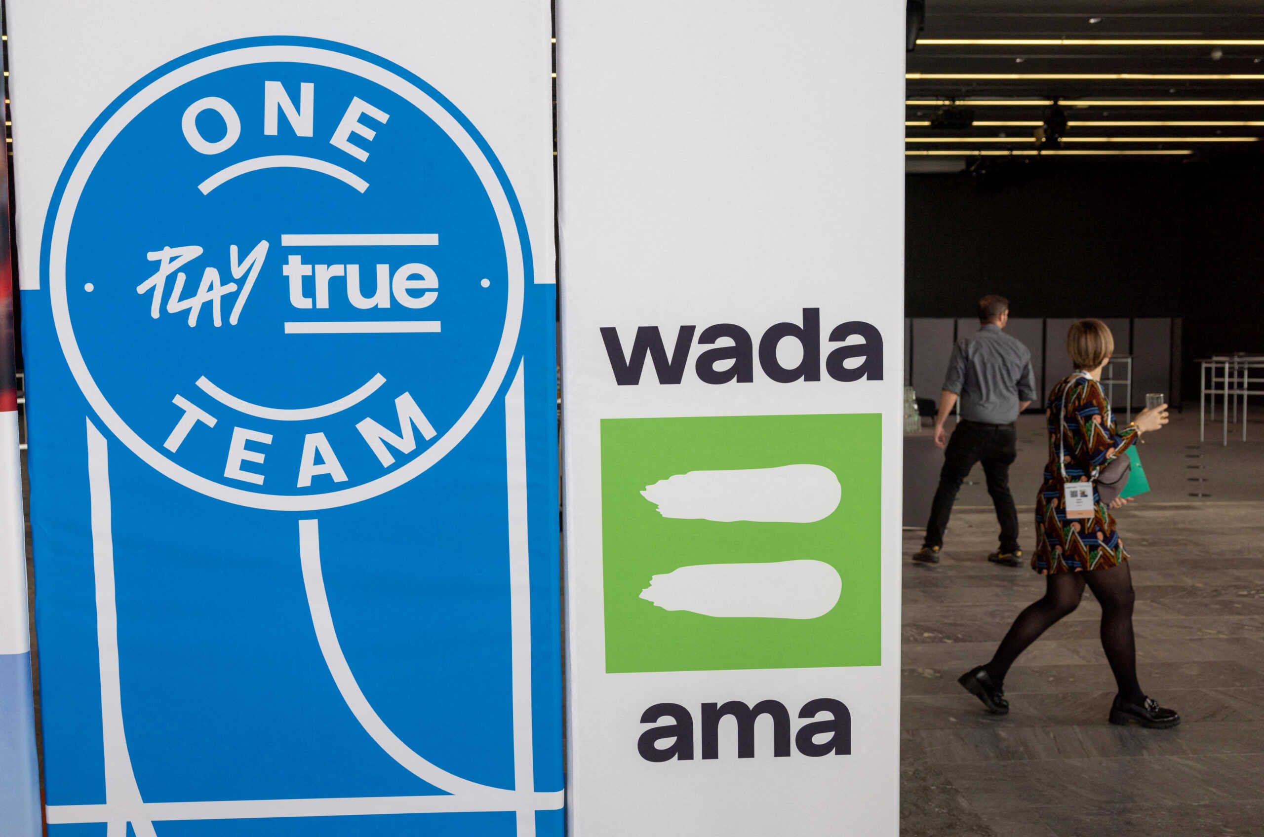 FILE PHOTO: A WADA logo is seen at the World Anti-Doping Agency (WADA) Symposium in Lausanne, Switzerland, March 12, 2024. REUTERS