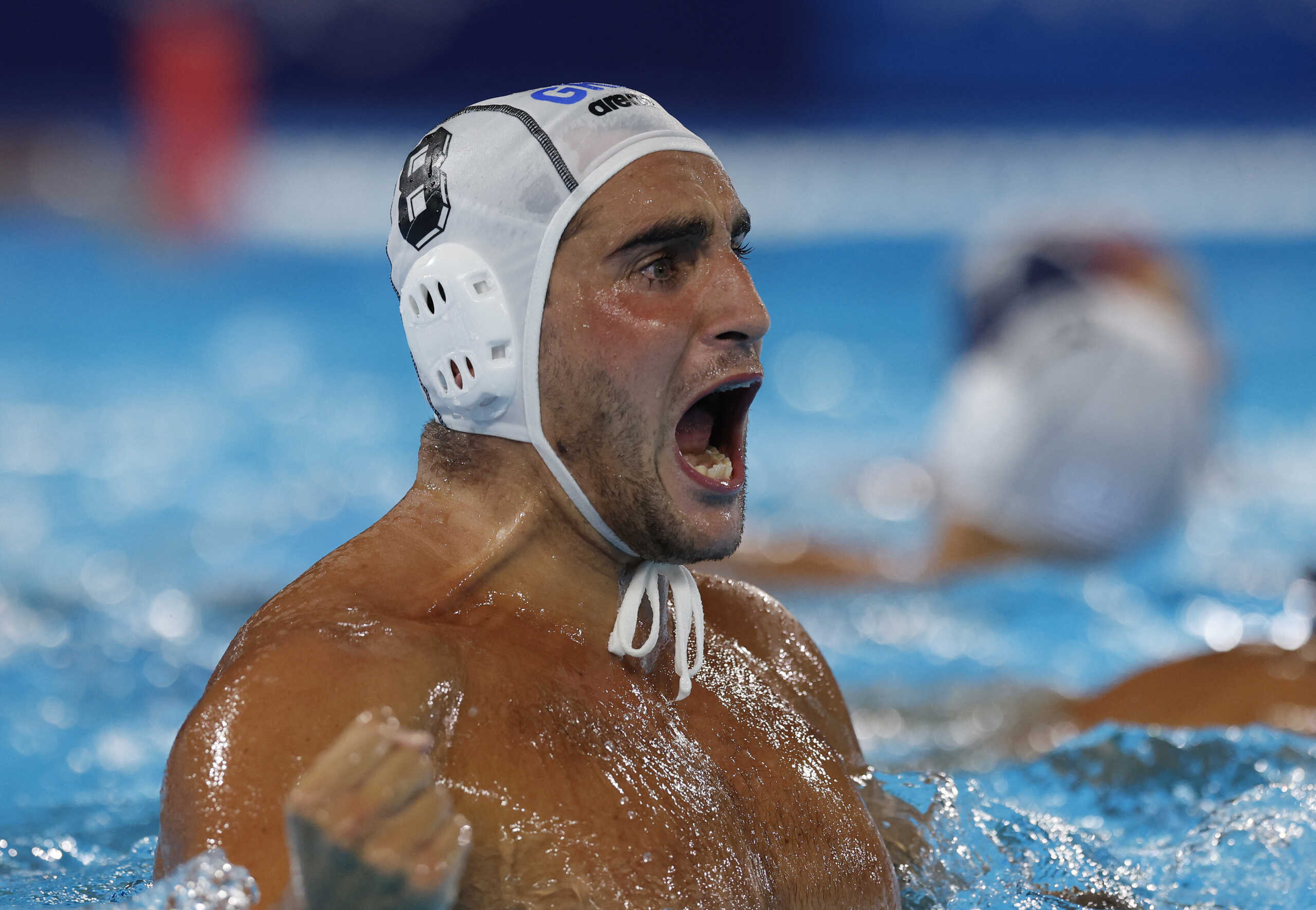 Paris 2024 Olympics - Water Polo - Men's Preliminary Round - Group A - Greece vs United States - Aquatics Centre, Saint-Denis, France - August 01, 2024. Stylianos Argyropoulos Kanakakis of Greece reacts after scoring a goal REUTERS