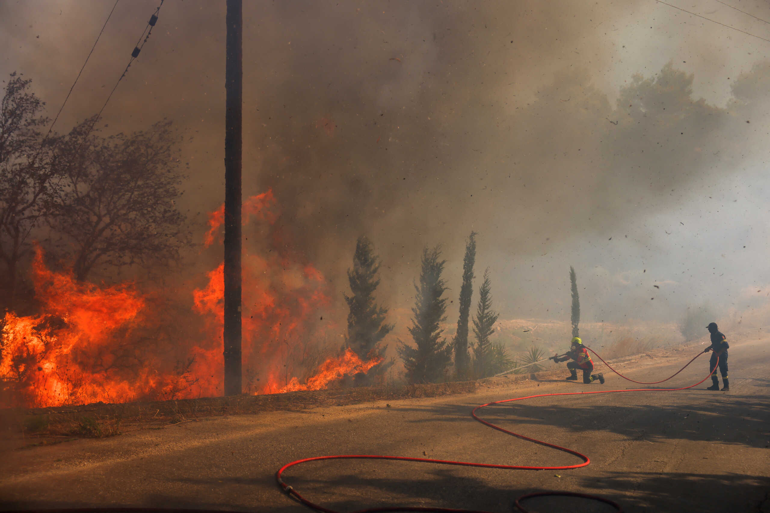 Firefighters try to extinguish a wildfire burning in Grammatiko, near Athens, Greece, August 12, 2024. REUTERS