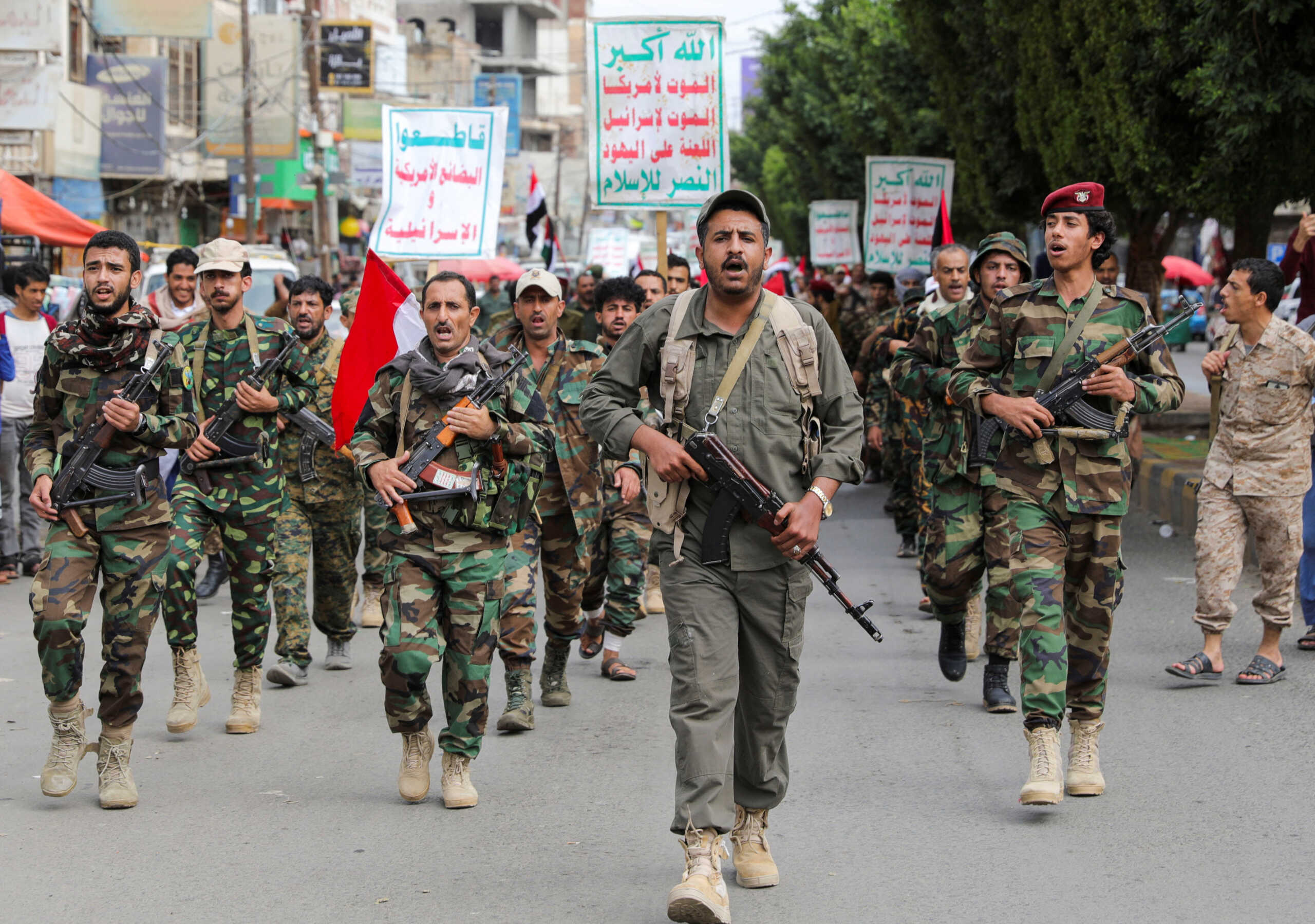 Fighters recruited into the Houthis as part of a mobilization campaign they have initiated recently, parade to show solidarity with Palestinians in the Gaza Strip, in Sanaa, Yemen August 24, 2024. REUTERS