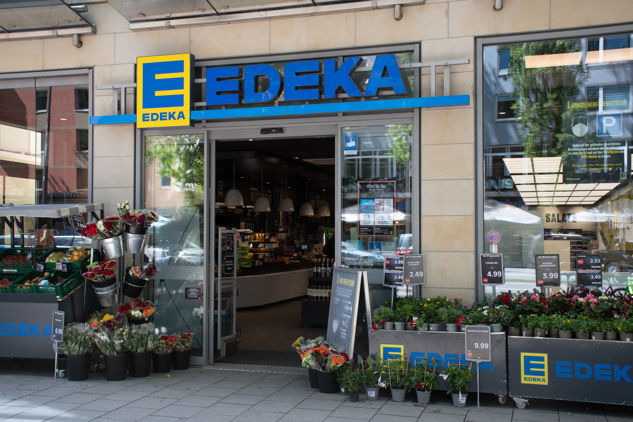 Munich, Germany - May 22, 2021: Entrance of an Edeka supermarket.