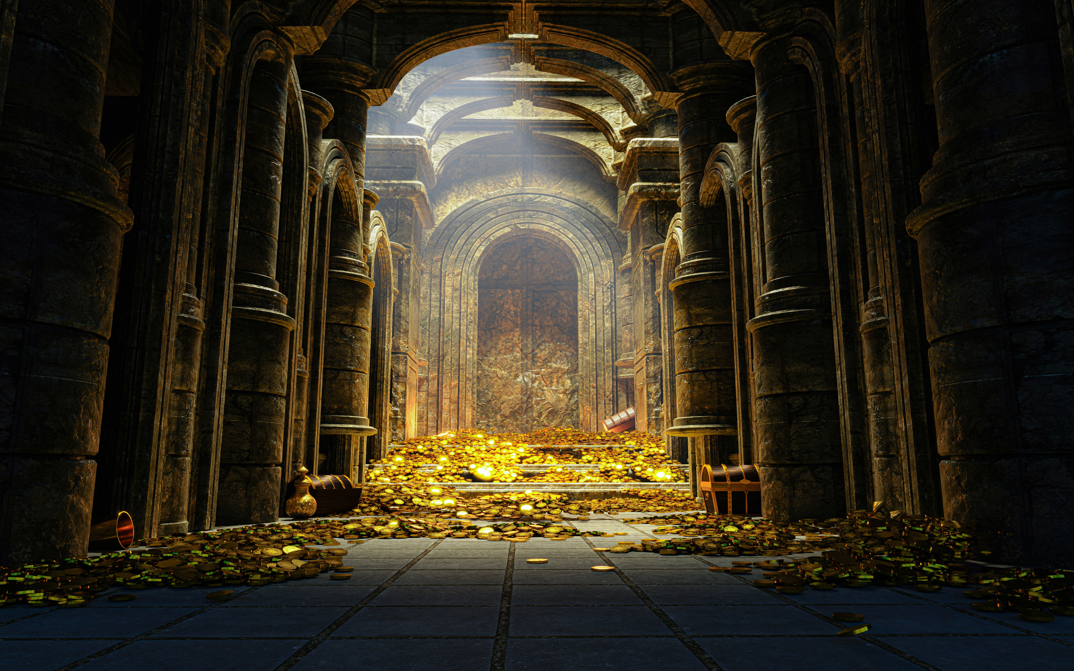 Treasury hall. treasure trove of gold coins And chests and treasure boxes pile up. Treasuries, kingdoms and castles. The concept of finding lost ancient treasures. 3d rendering