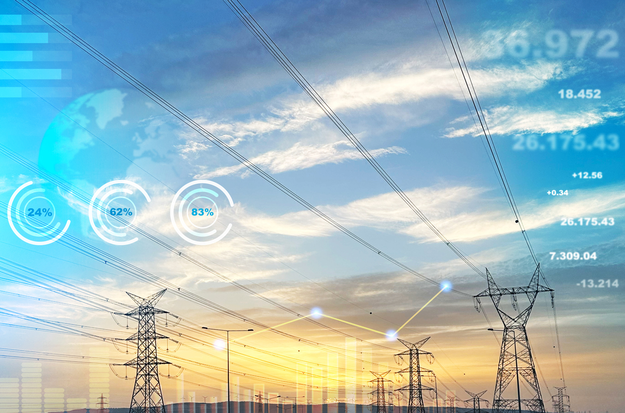 Global energy crisis concept. Energy prices rising. High voltage electric power lines with dramatic sky background. Analyzing data of power and energy prices. Financial and economic growth in energy costs