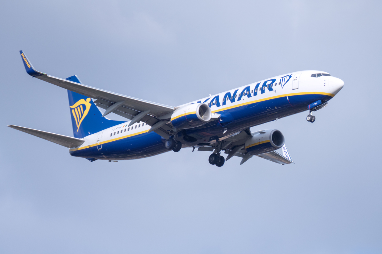 Steenokkerzeel,Belgium - March 14, 2018: Boeing 737 with registration number EI-FIW   from Ryanair on the approach of Brussel Airport. 
Ryanair is an Irish  low-cost airline.