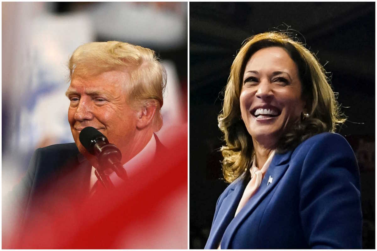 A combination picture shows Republican presidential nominee and former U.S. President Donald Trump reacting during a campaign rally held with Republican vice presidential nominee Senator JD Vance, in Atlanta, Georgia, U.S., August 3, 2024., and U.S. Vice President and Democratic presidential candidate Kamala Harris reacting as she holds a campaign rally with her newly chosen vice presidential running mate Minnesota Governor Tim Walz in Philadelphia, Pennsylvania, U.S., August 6, 2024. REUTERS