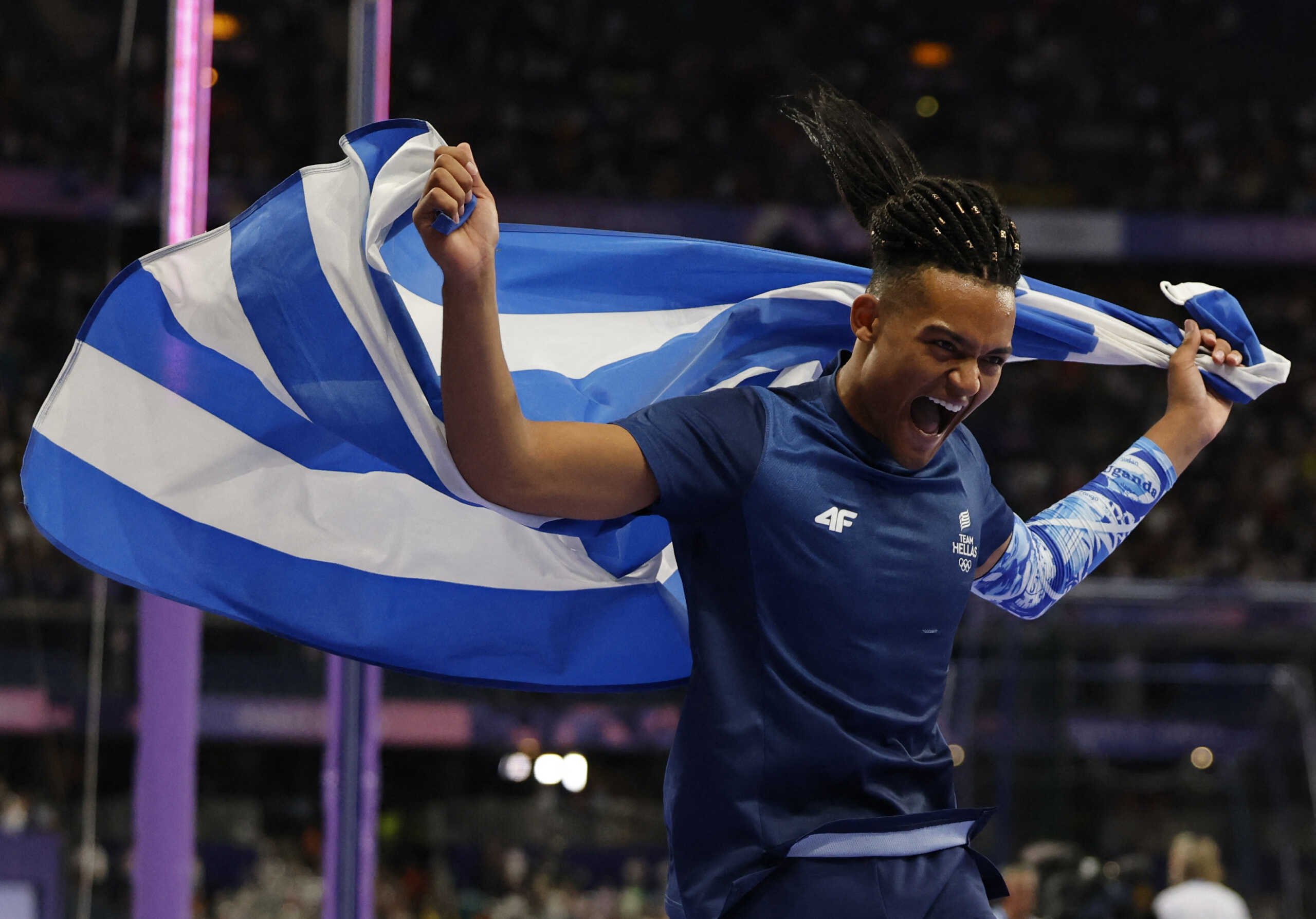 Paris 2024 Olympics - Athletics - Men's Pole Vault Final - Stade de France, Saint-Denis, France - August 05, 2024. Bronze medallist Emmanouil Karalis of Greece celebrates after the final. REUTERS