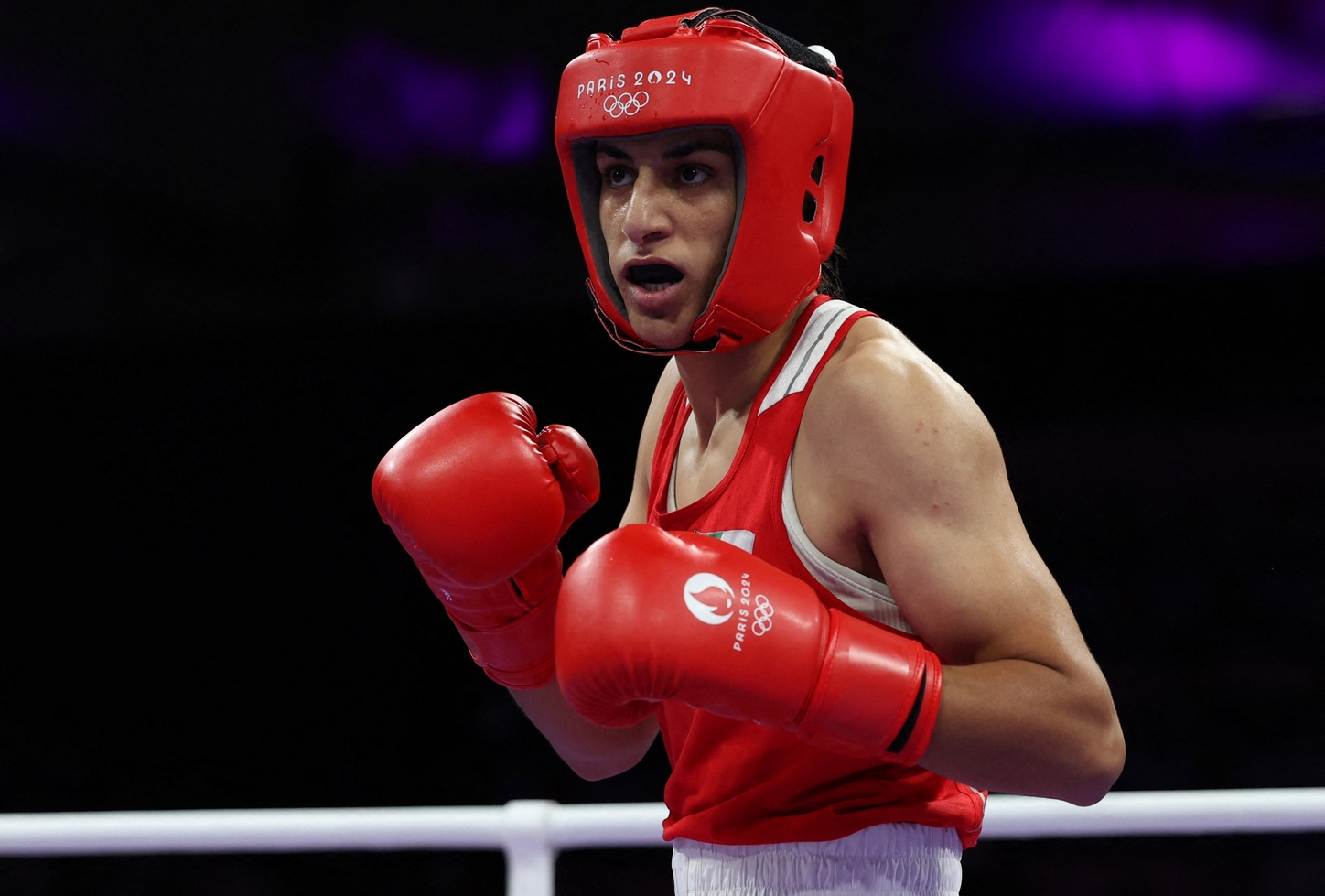 Paris 2024 Olympics - Boxing - Women's 66kg - Prelims - Round of 16 - North Paris Arena, Villepinte, France - August 01, 2024. Imane Khelif of Algeria is seen during her fight against Angela Carini of Italy. REUTERS