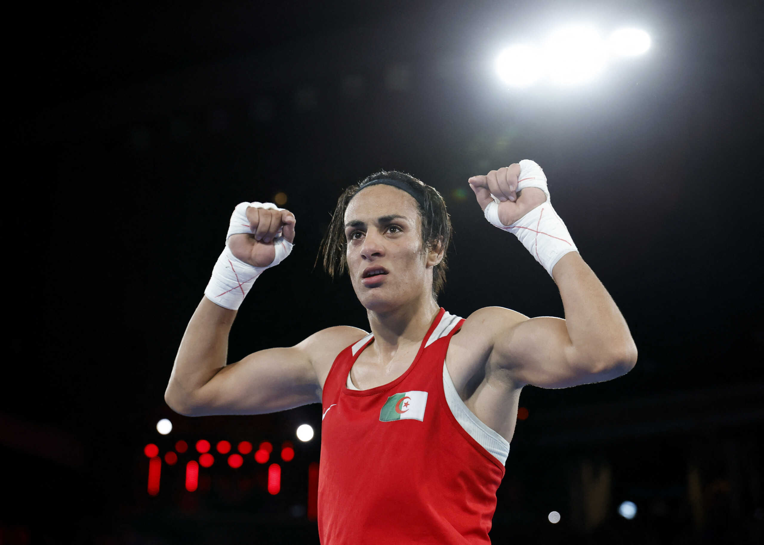 Paris 2024 Olympics - Boxing - Women's 66kg - Final - Roland-Garros Stadium, Paris, France - August 09, 2024. Imane Khelif of Algeria celebrates winning against Liu Yang of China. REUTERS