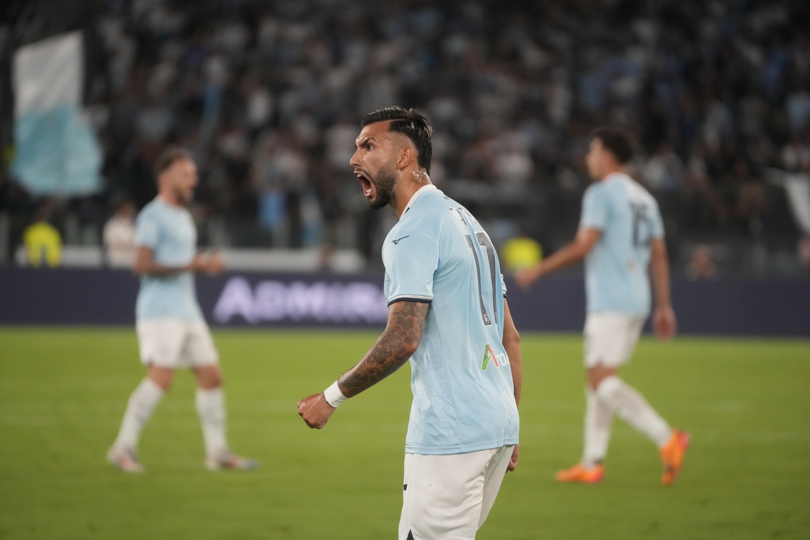 Lazio's Taty Castellanos celebrates after scoring during the Italian Serie A soccer match between Lazio and Venezia in Rome, Sunday, Aug.18, 2024. (AP Photo