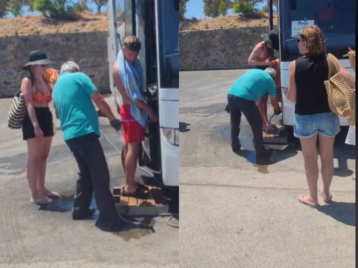 Κρήτη: Φοβερός οδηγός λεωφορείου πλένει τους τουρίστες από την άμμο πριν μπουν στο όχημα