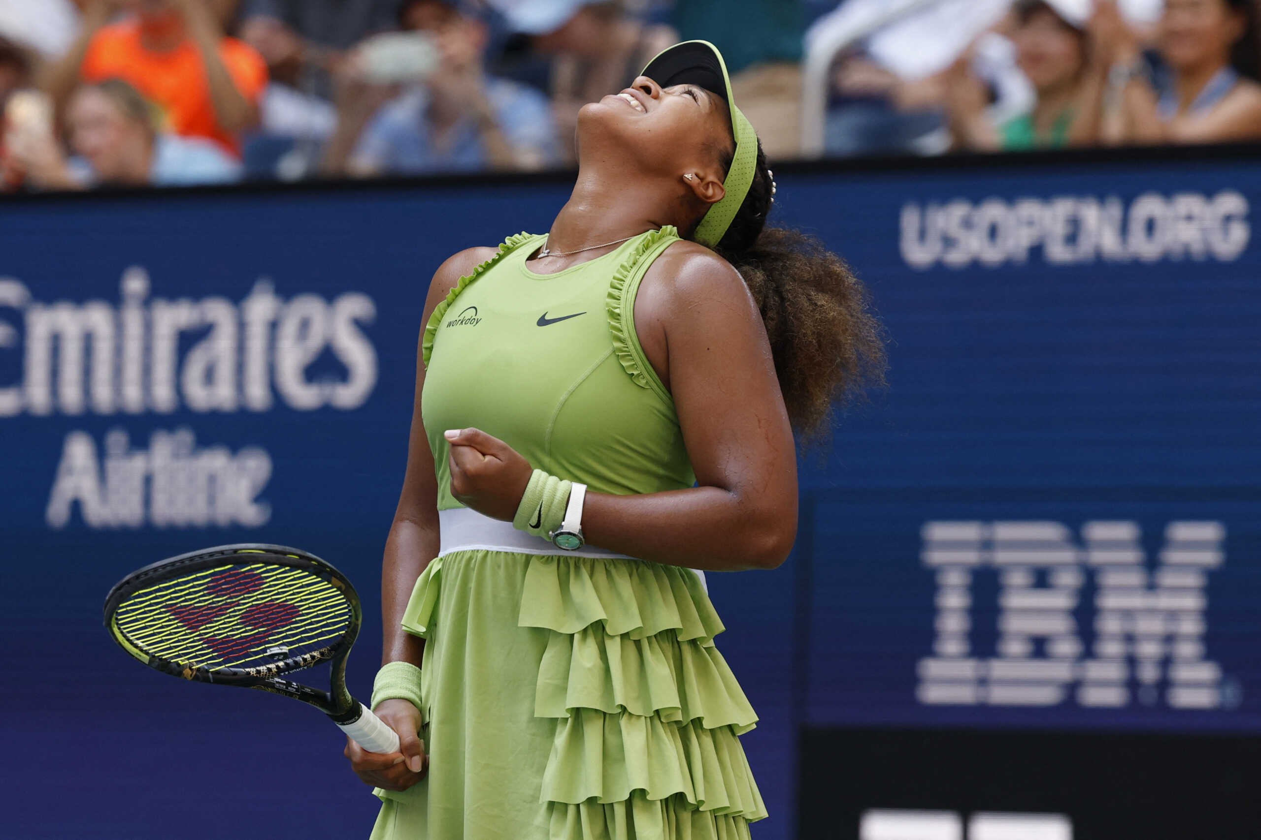 Aug 27, 2024; Flushing, NY, USA; Naomi Osaka (JPN) celebrates after match point against Jelena Ostapenko (LAT)(not pictured) in a women's singles match on day two of the 2024 U.S. Open tennis tournament at USTA Billie Jean King National Tennis Center. Mandatory Credit: Geoff Burke-USA TODAY Sports