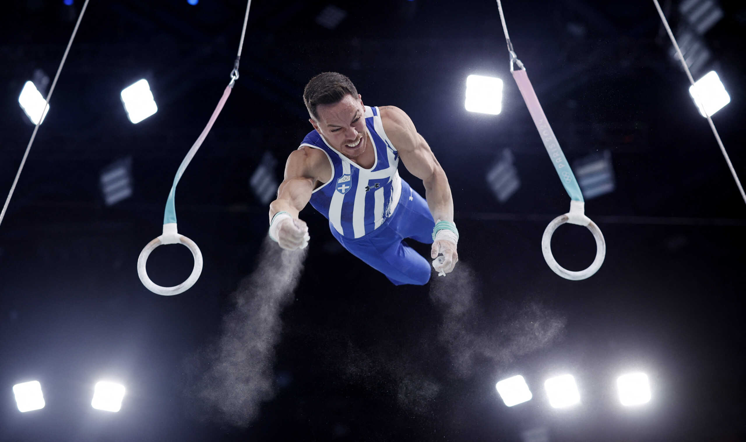 Paris 2024 Olympics - Artistic Gymnastics - Men's Rings Final - Bercy Arena, Paris, France - August 04, 2024. Eleftherios Petrounias of Greece in action on the Rings. REUTERS