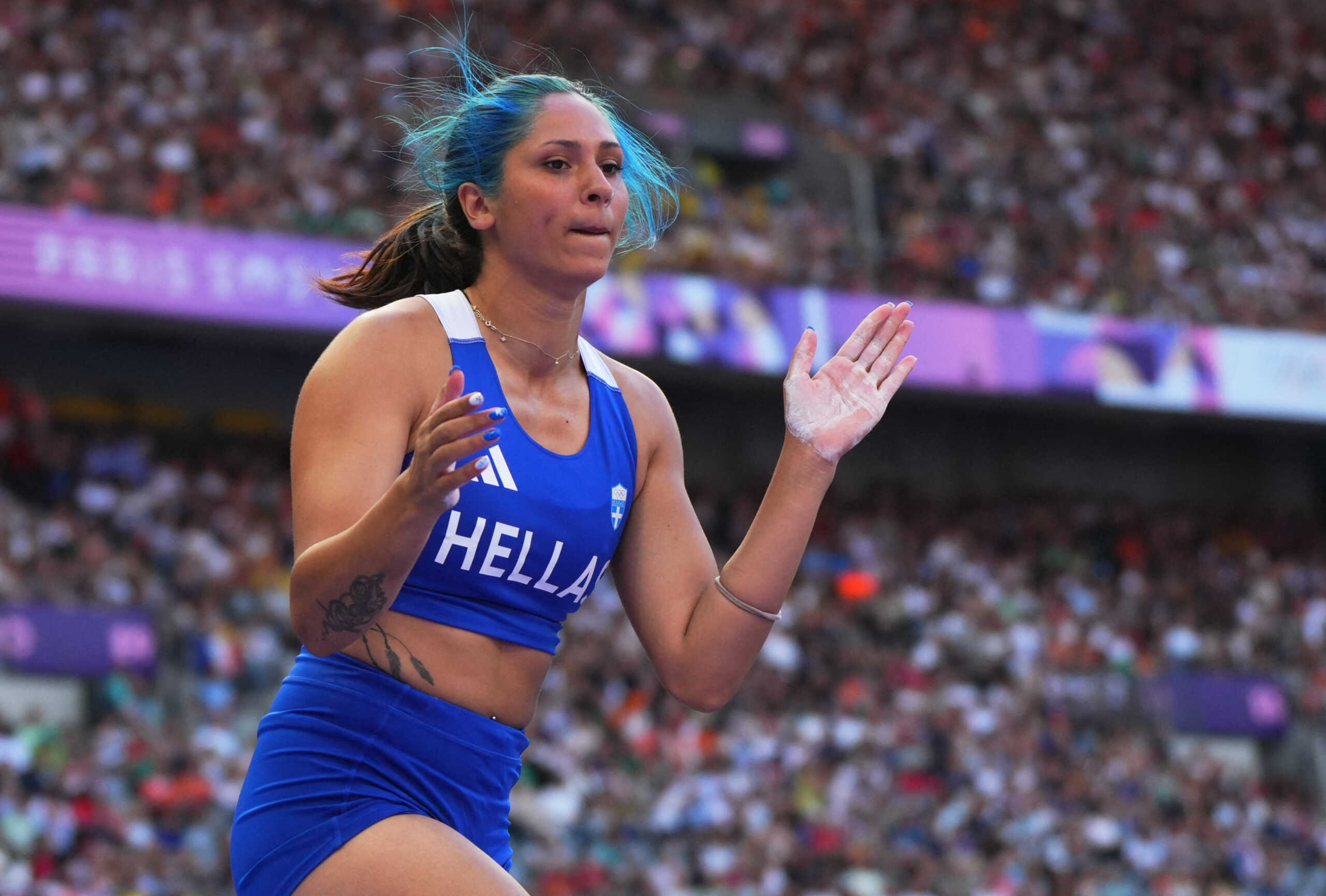 Paris 2024 Olympics - Athletics - Women's Pole Vault Qualification - Stade de France, Saint-Denis, France - August 05, 2024.  Eleni-Klaoudia Polak of Greece reacts. REUTERS