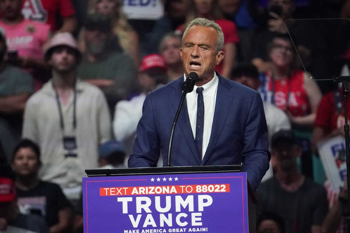 Former independent presidential candidate Robert F. Kennedy Jr. speaks at a Republican presidential nominee and former U.S. President Donald Trump's rally in Glendale, Arizona, U.S., August 23, 2024. REUTERS