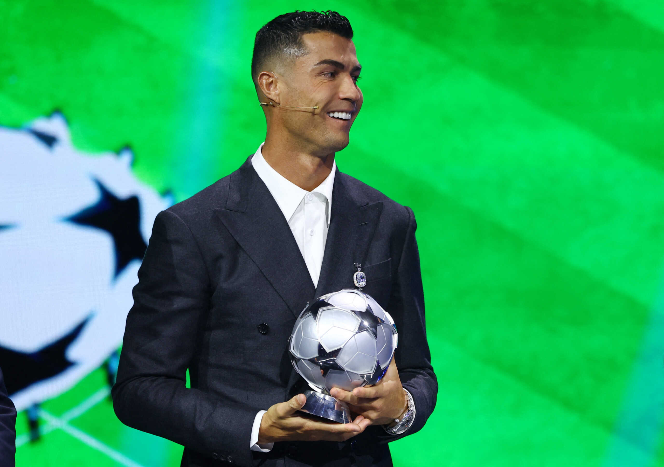 Soccer Football - Champions League - Phase Draw 2024 - Grimaldi Forum, Monaco - August 29, 2024 Cristiano Ronaldo receives the all time top scorer of the Champions League award REUTERS