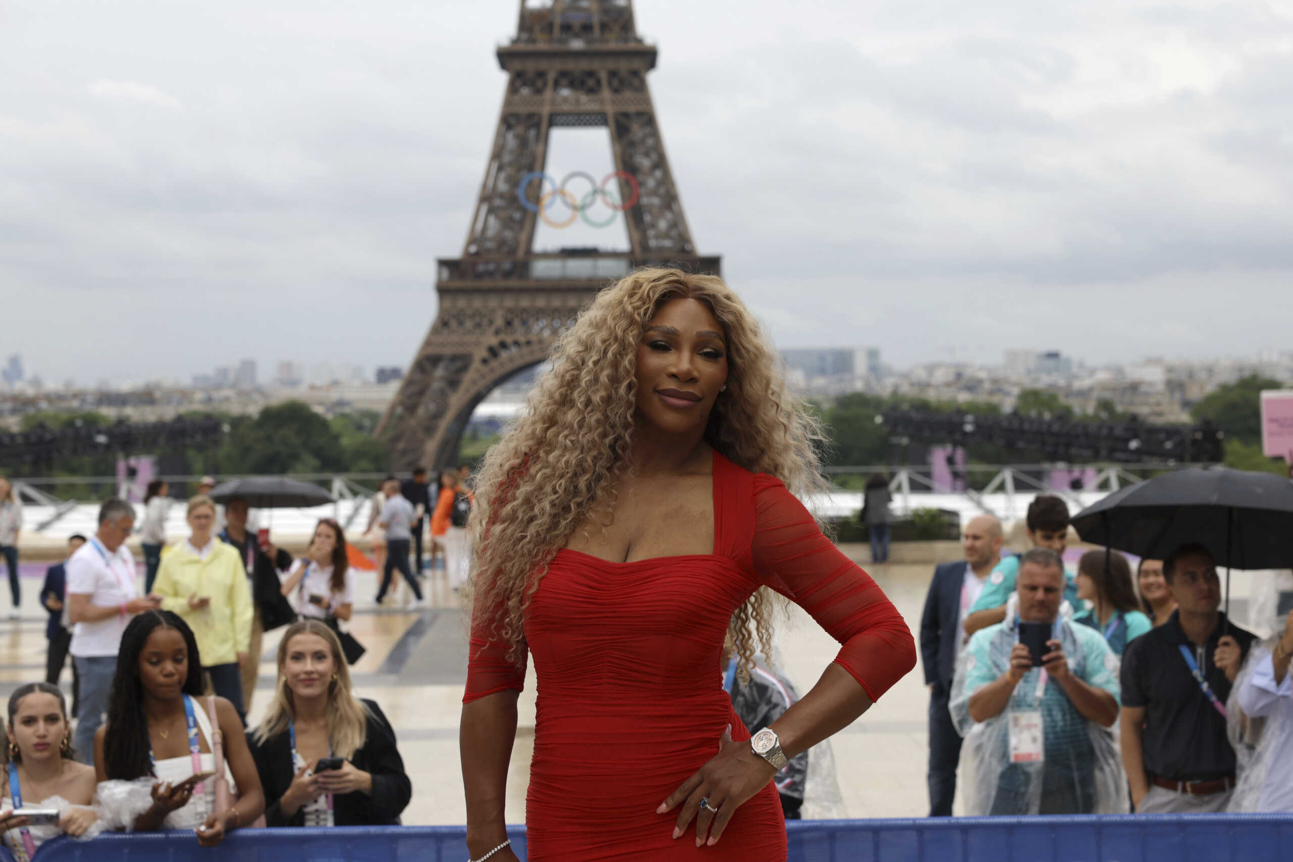 Serena Williams arrives at the Trocadéro in Paris, France, ahead of the opening ceremony for the Paris Olympics on July 26, 2024. ( The Yomiuri Shimbun via AP Images )