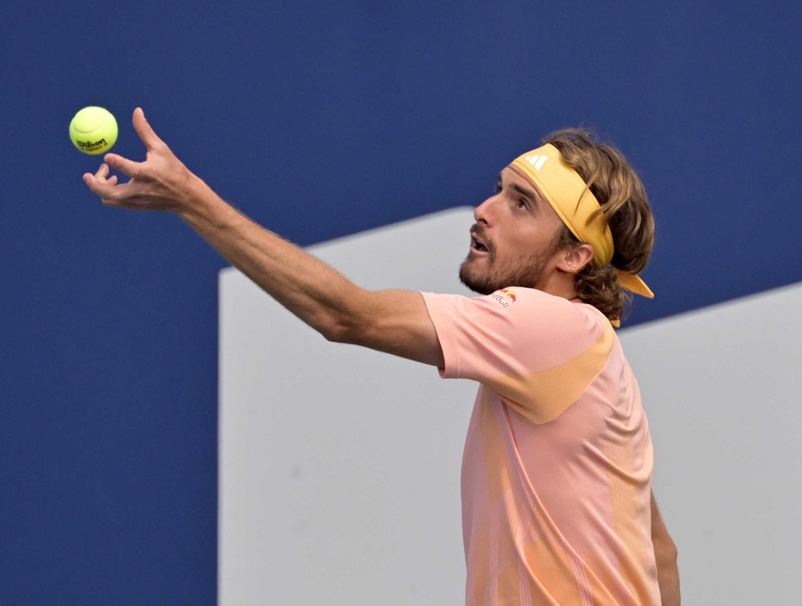 Aug 8, 2024; Montreal, Quebec, Canada; Stefanos Tsitsipas (GRE) serves against Kei Nishikori (JPN) (not pictured) in second round play at IGA Stadium. Mandatory Credit: Eric Bolte-USA TODAY Sports